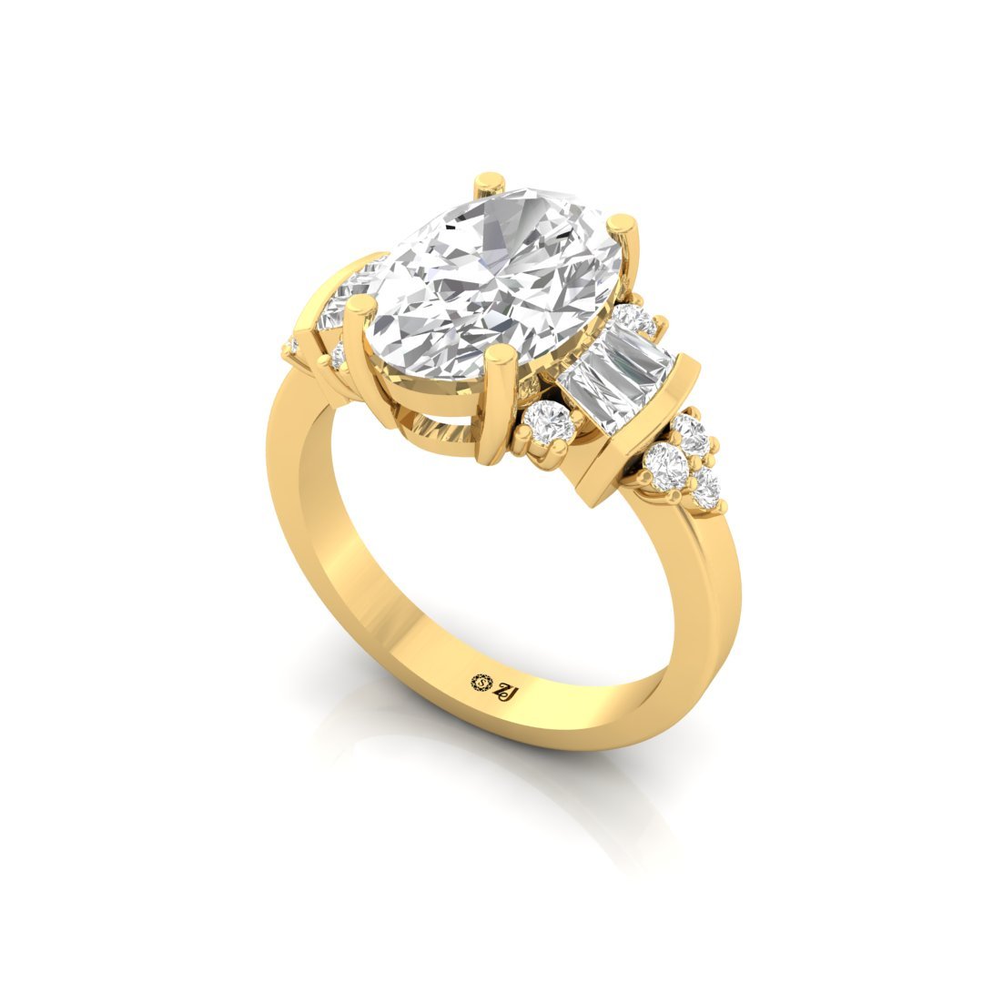 Oval & Baguette & Round Diamond Engagement Ring | Elegant Multi-Stone Lab Grown Diamond Ring | Eternal Promise 925 Silver | 10K | 14K | 18K - View 2