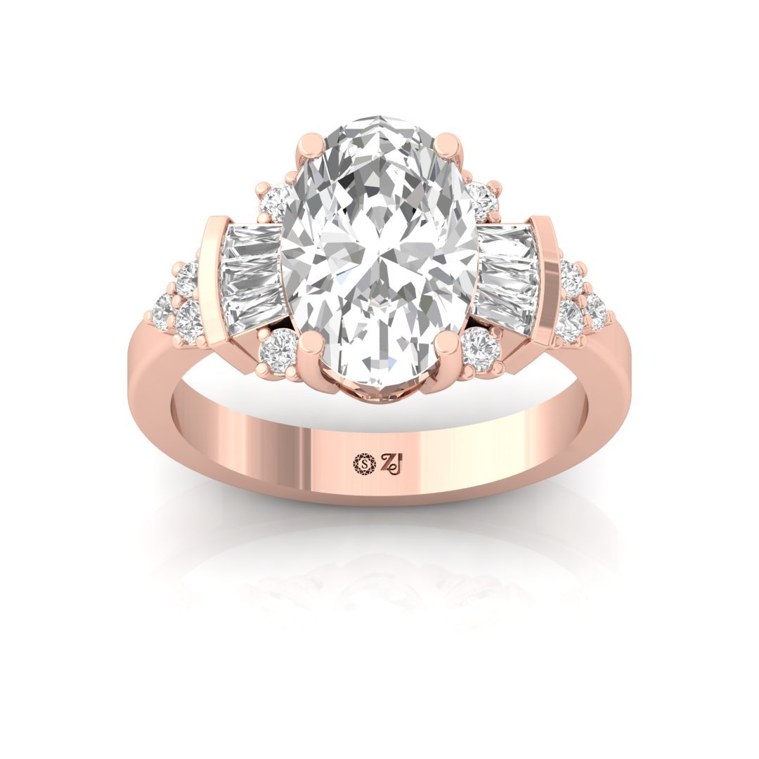 Oval & Baguette & Round Diamond Engagement Ring | Elegant Multi-Stone Lab Grown Diamond Ring | Eternal Promise 925 Silver | 10K | 14K | 18K - Rose Gold Main View