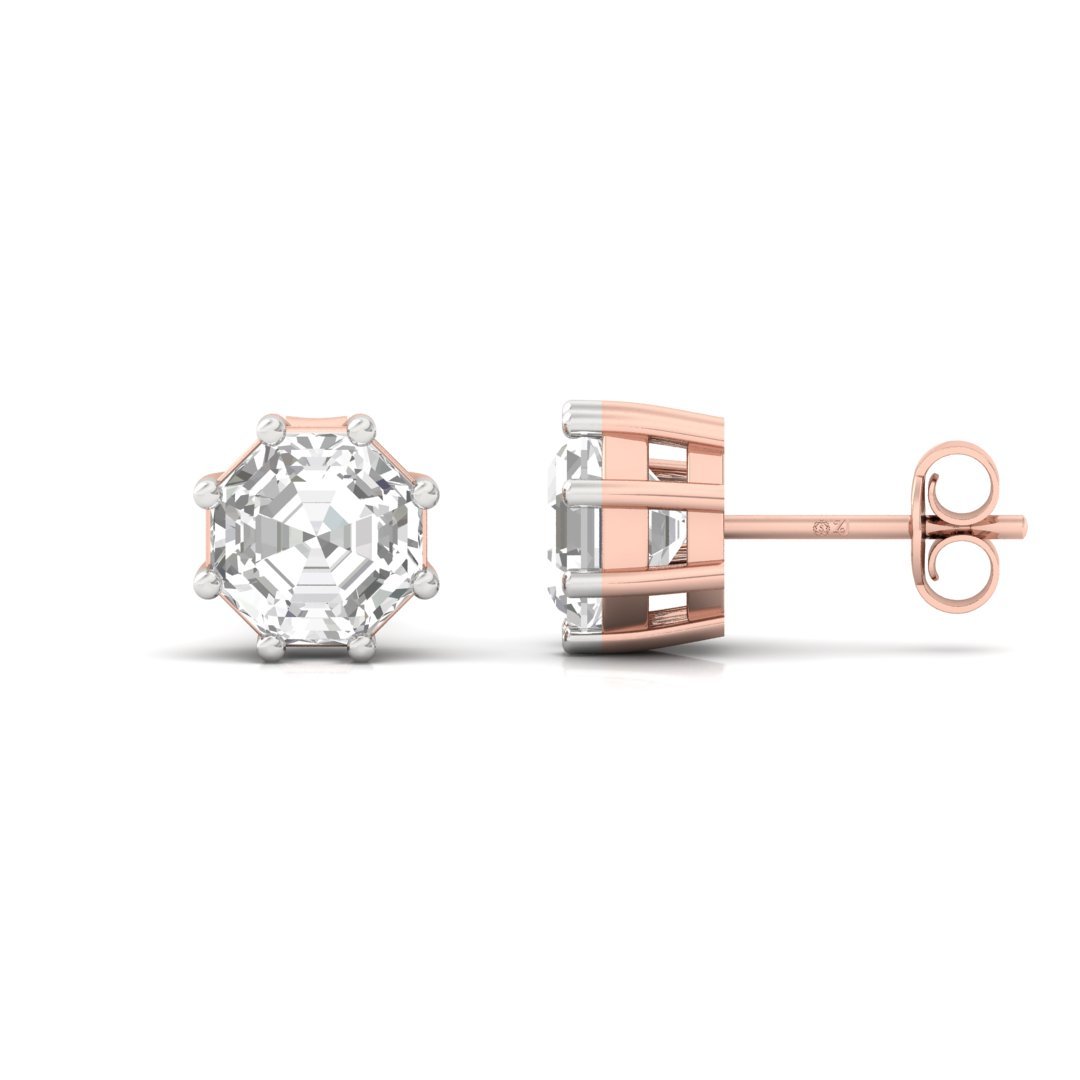 Octagon Cut Diamond Stud Earrings (1 Pair) | Timeless Lab Grown CVD Solitaire Earrings | Symbol of Strength & Elegance | 925 Silver | 10K | 14K | 18K - Rose Gold Main View