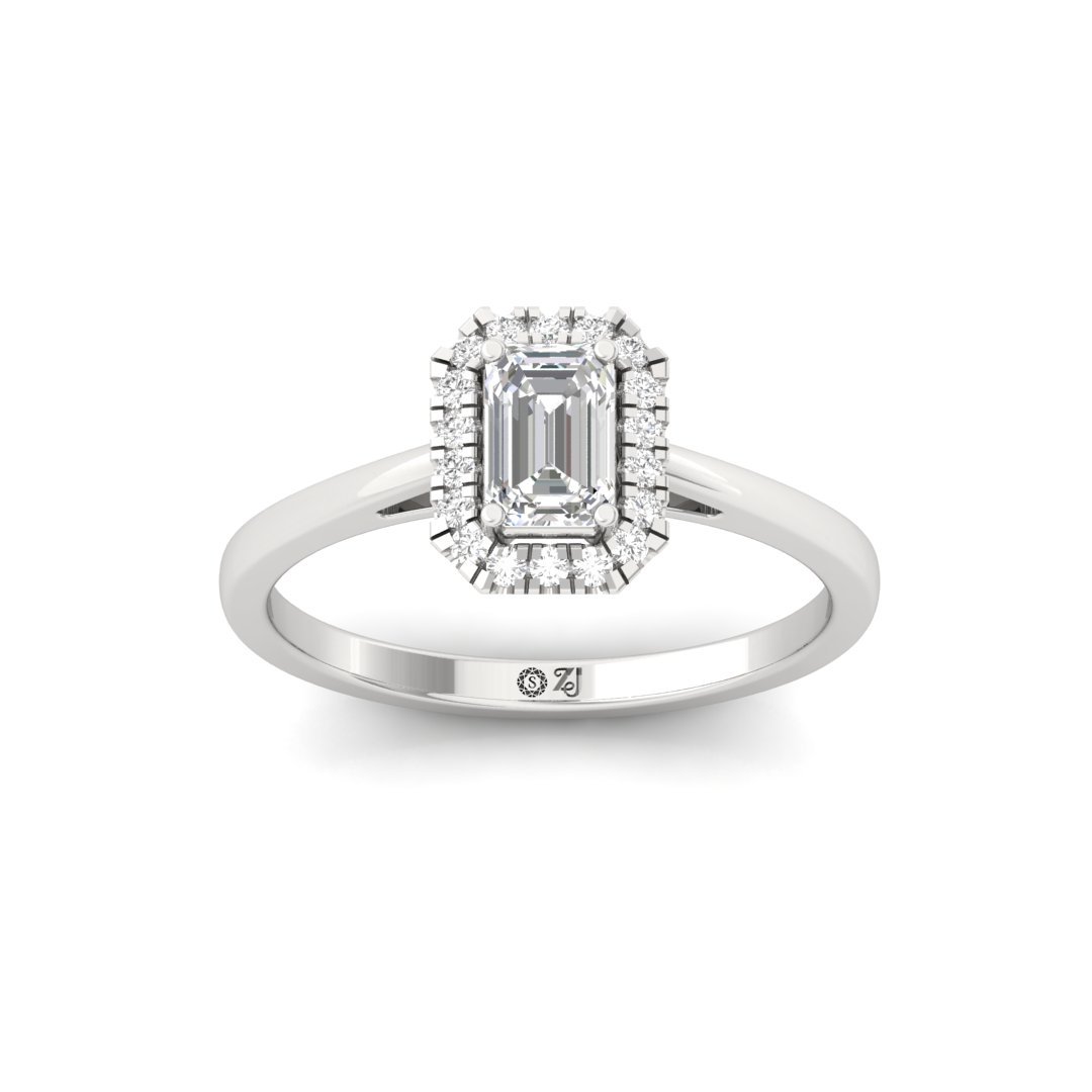 Emerald Cut Diamond Halo Engagement Ring | Timeless Lab Grown CVD Solitaire of Love & Elegance | 925 Silver | 10K | 14K | 18K - Main View
