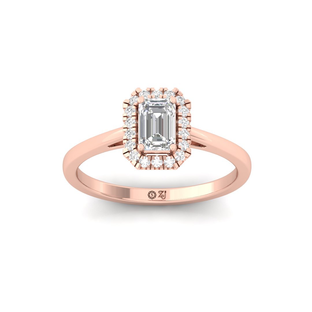 Emerald Cut Diamond Halo Engagement Ring | Timeless Lab Grown CVD Solitaire of Love & Elegance | 925 Silver | 10K | 14K | 18K - Rose Gold Main View