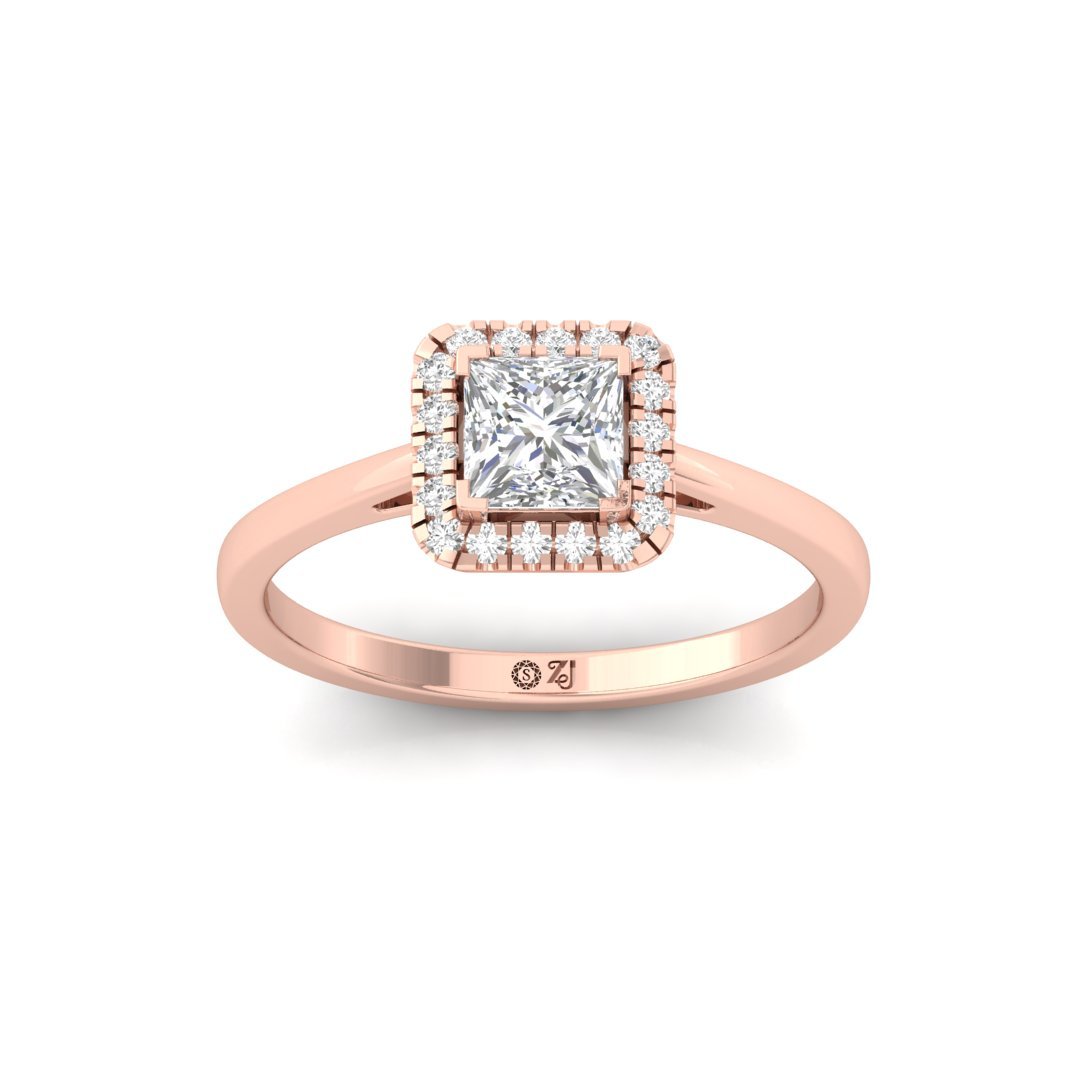Princess Cut Diamond Halo Engagement Ring | Royal Lab Grown CVD Diamond Promise Ring of Forever Love | 925 Silver | 10K | 14K | 18K - Rose Gold Main View