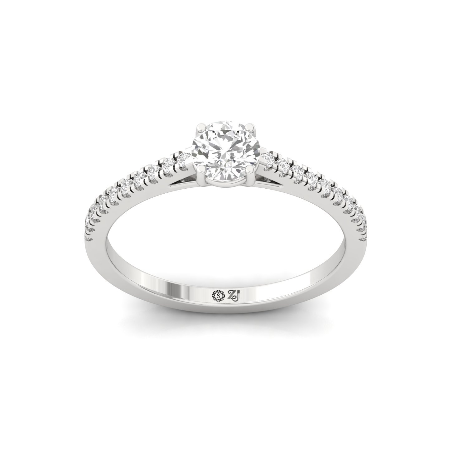 Round Cut Diamond Solitaire Engagement Ring with Pave Band | Romantic Lab Grown CVD Diamond Ring of Eternal Love | 925 Silver | 10K | 14K | 18K - Main View