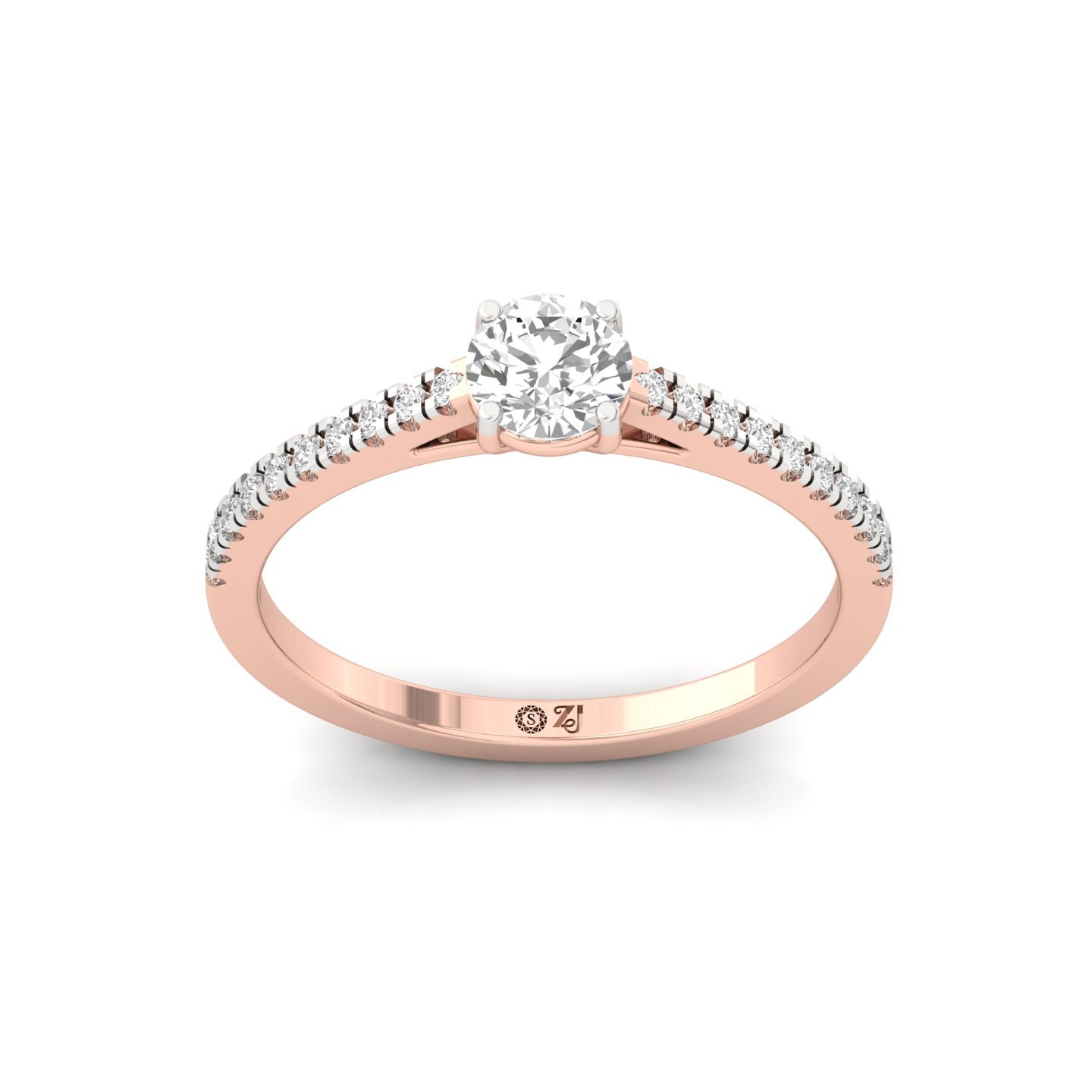 Round Cut Diamond Solitaire Engagement Ring with Pave Band | Romantic Lab Grown CVD Diamond Ring of Eternal Love | 925 Silver | 10K | 14K | 18K - Rose Gold Main View