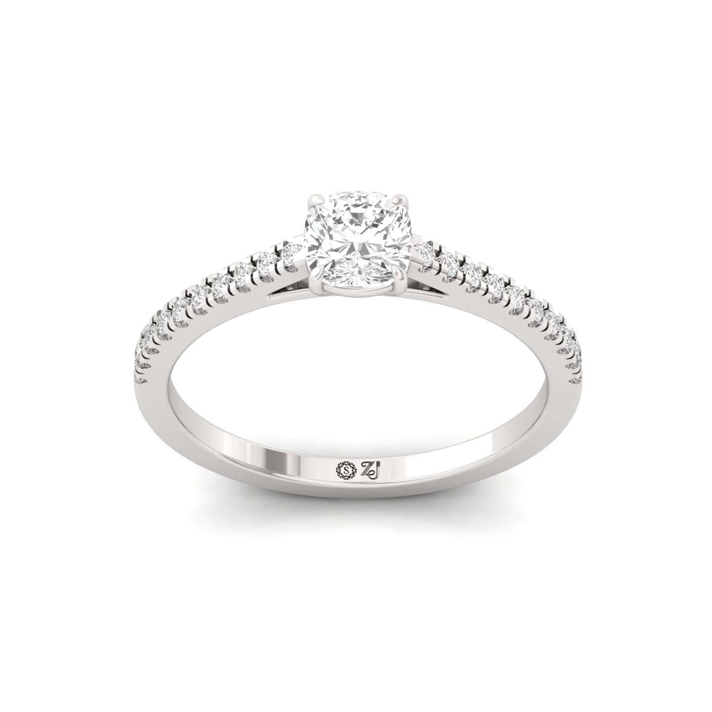 Cushion Cut Diamond Solitaire Engagement Ring with Pave Band | Elegant Lab Grown CVD Diamond Ring of Love & Commitment | 925 Silver | 10K | 14K | 18K - Main View