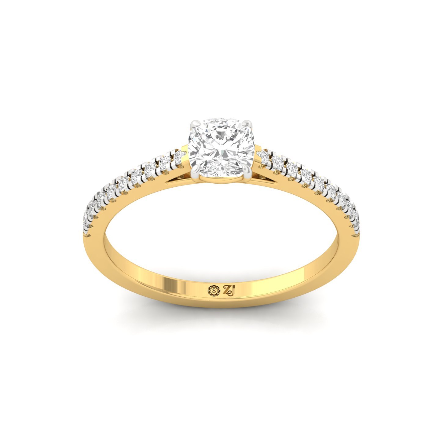 Cushion Cut Diamond Solitaire Engagement Ring with Pave Band | Elegant Lab Grown CVD Diamond Ring of Love & Commitment | 925 Silver | 10K | 14K | 18K - Gold Main View