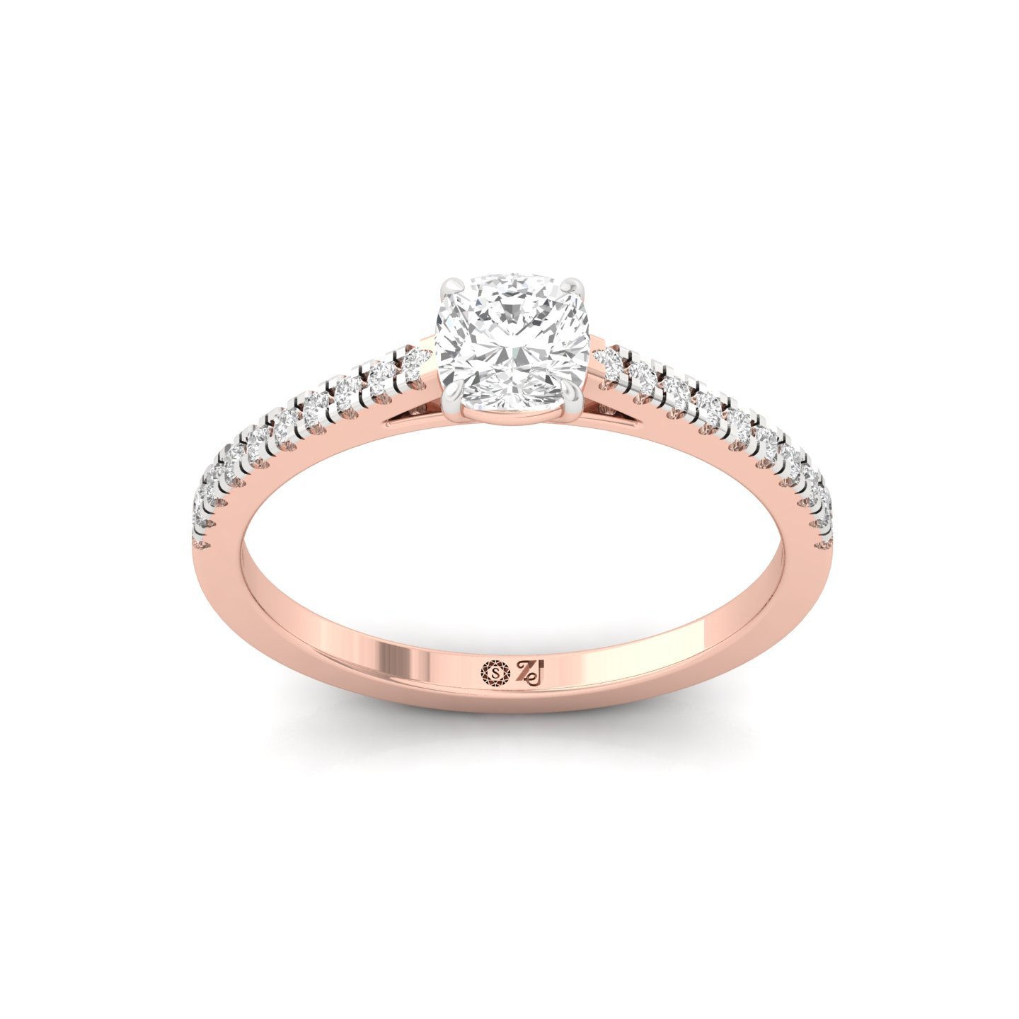 Cushion Cut Diamond Solitaire Engagement Ring with Pave Band | Elegant Lab Grown CVD Diamond Ring of Love & Commitment | 925 Silver | 10K | 14K | 18K - Rose Gold Main View