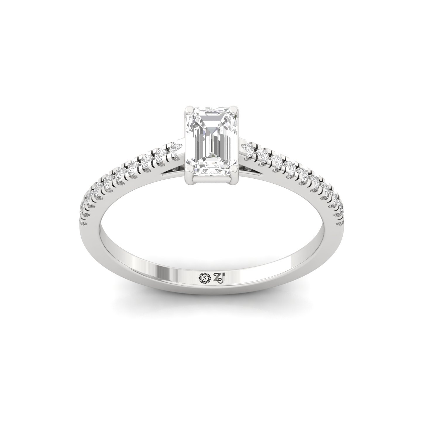 Emerald Cut Diamond Solitaire Engagement Ring with Pave Band | Modern Lab Grown CVD Diamond Ring of Eternal Love | 925 Silver | 10K | 14K | 18K - Main View