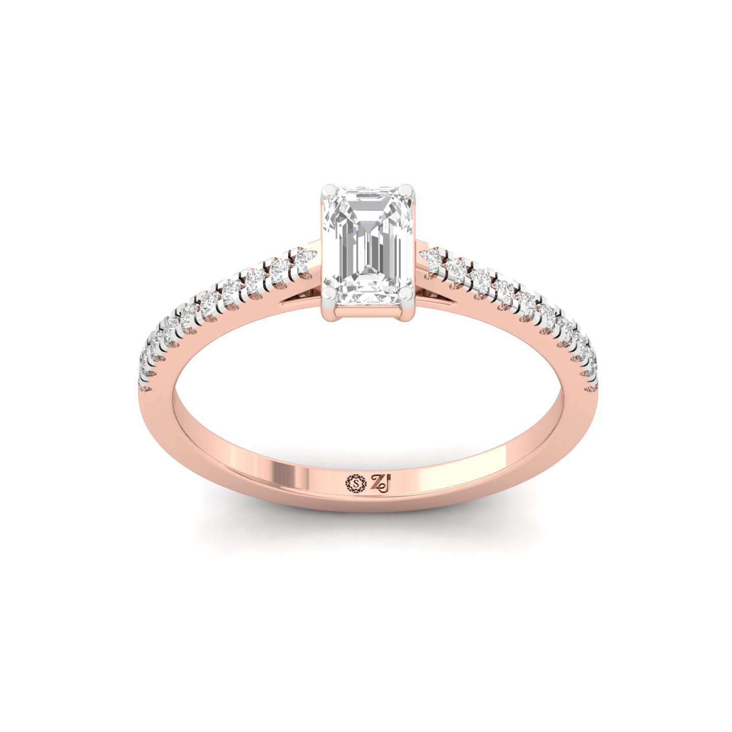 Emerald Cut Diamond Solitaire Engagement Ring with Pave Band | Modern Lab Grown CVD Diamond Ring of Eternal Love | 925 Silver | 10K | 14K | 18K - Rose Gold Main View