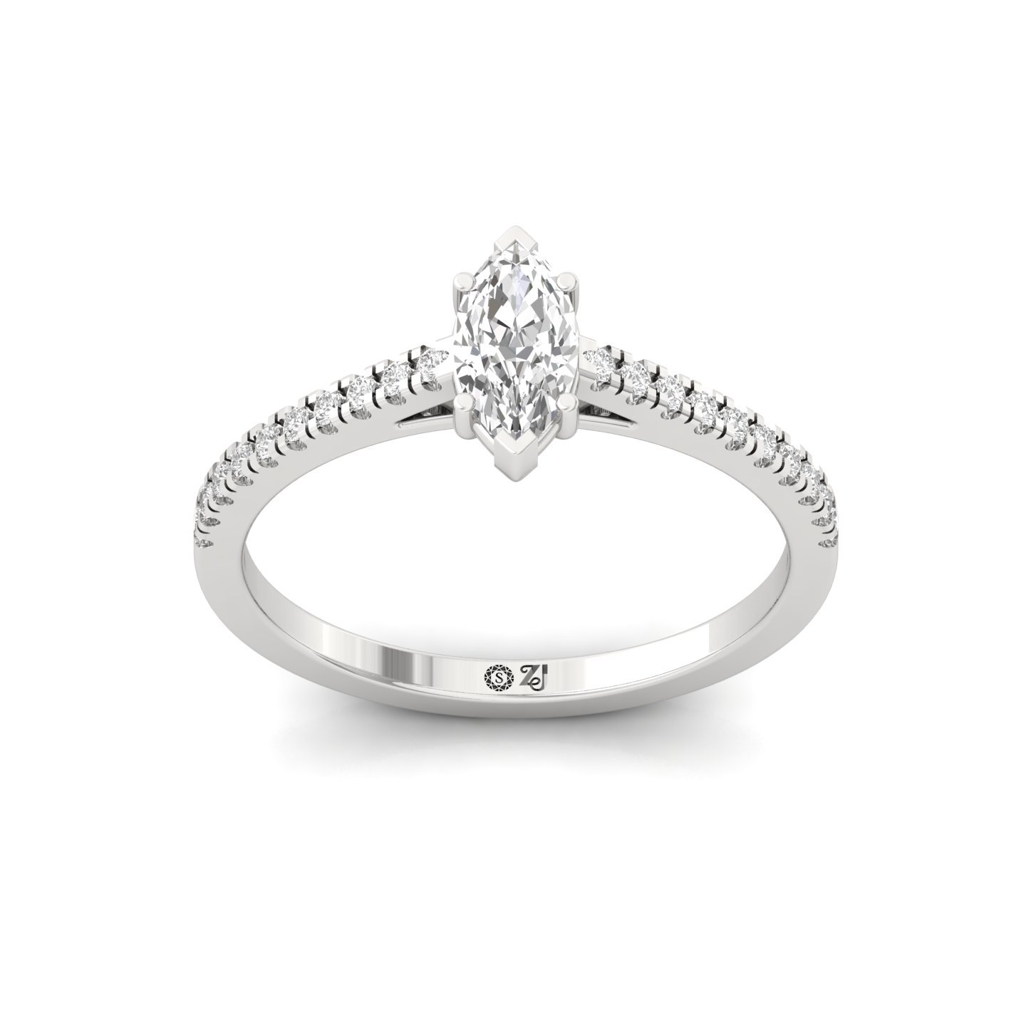 Marquise Cut Diamond Solitaire Engagement Ring with Pave Band | Elegant Lab Grown CVD Diamond Ring of Grace & Love | 925 Silver | 10K | 14K | 18K - Main View