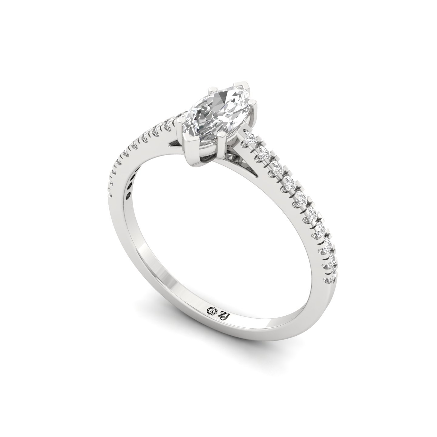 Marquise Cut Diamond Solitaire Engagement Ring with Pave Band | Elegant Lab Grown CVD Diamond Ring of Grace & Love | 925 Silver | 10K | 14K | 18K - View 2