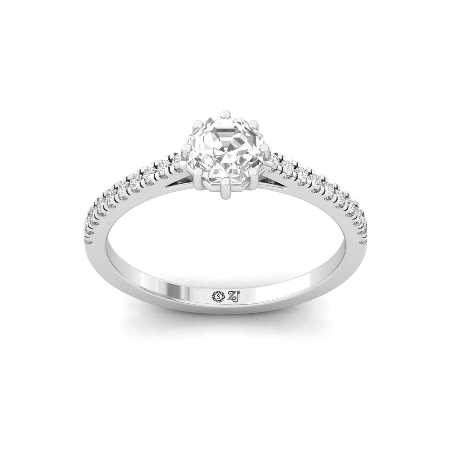 Octagon Cut Diamond Solitaire Engagement Ring with Pave Band | Modern Lab Grown CVD Diamond Ring of Elegance & Love | 925 Silver | 10K | 14K | 18K - Main View