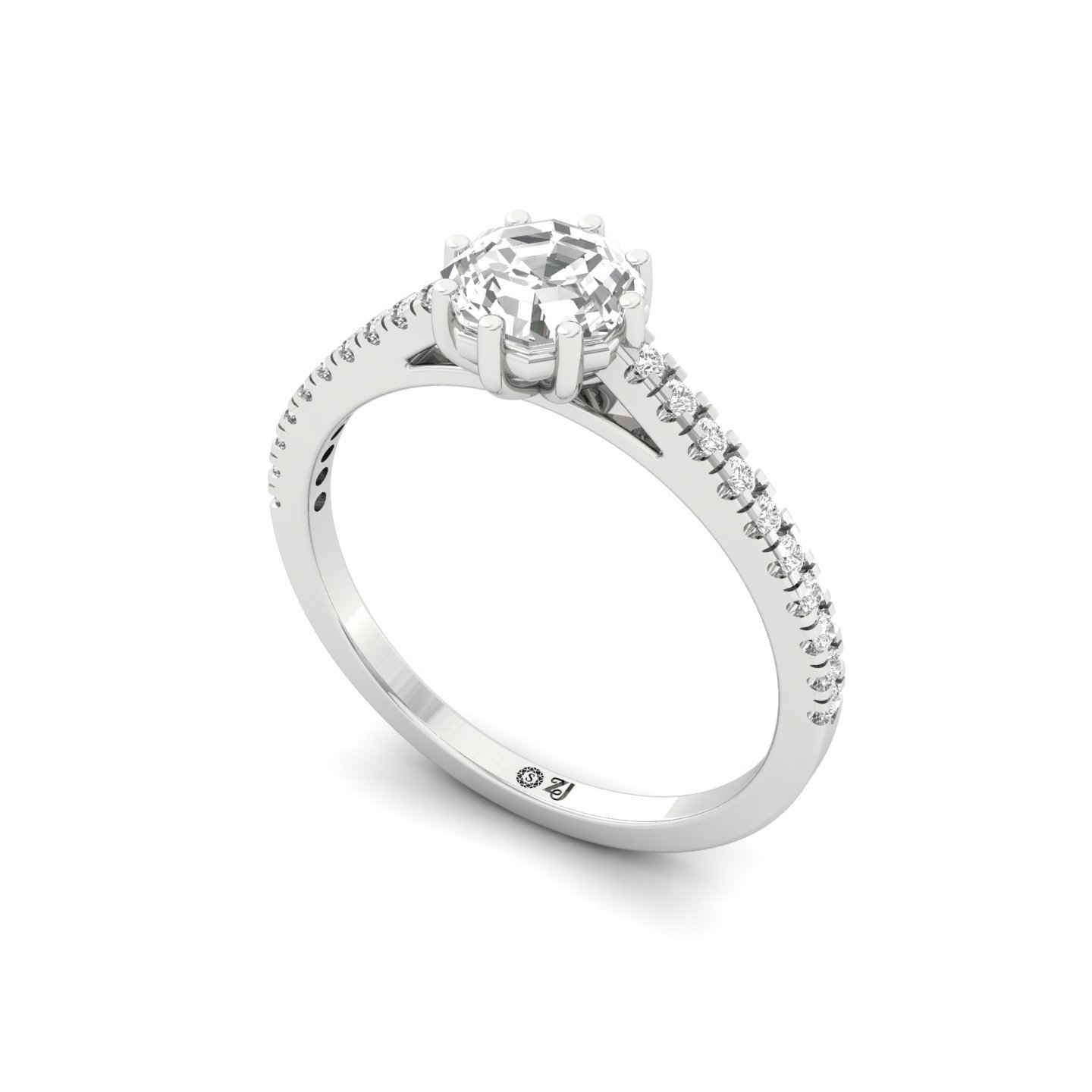 Octagon Cut Diamond Solitaire Engagement Ring with Pave Band | Modern Lab Grown CVD Diamond Ring of Elegance & Love | 925 Silver | 10K | 14K | 18K - View 2