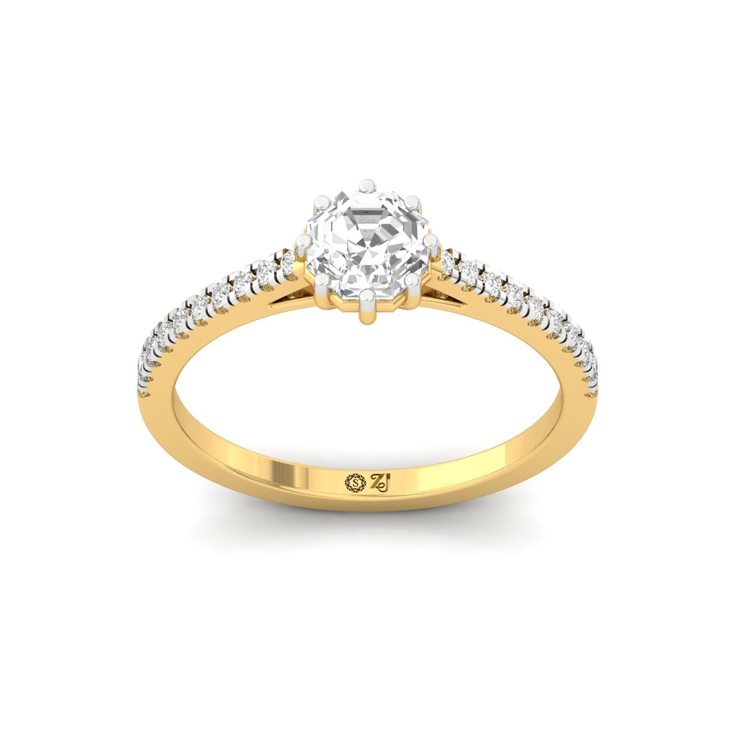 Octagon Cut Diamond Solitaire Engagement Ring with Pave Band | Modern Lab Grown CVD Diamond Ring of Elegance & Love | 925 Silver | 10K | 14K | 18K - Gold Main View