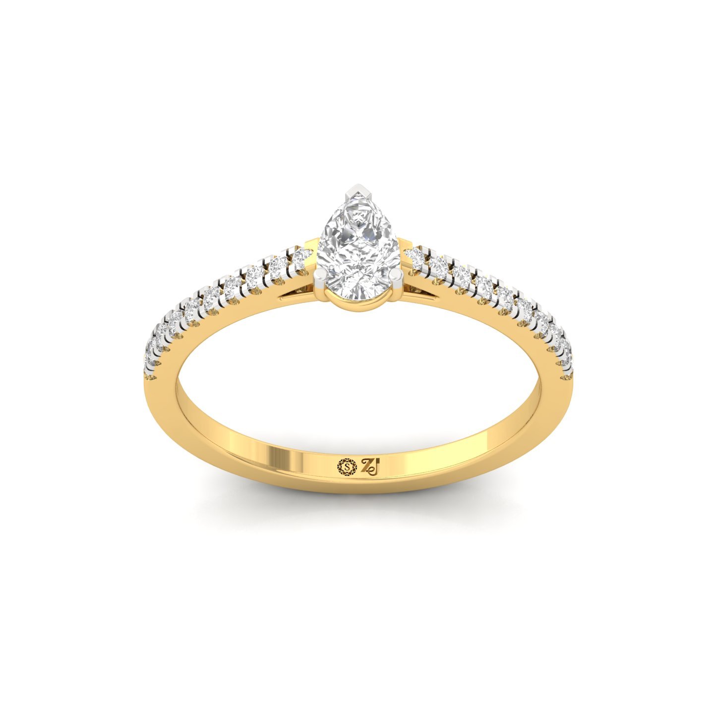 Pear Cut Diamond Solitaire Engagement Ring with Pave Band | Romantic Lab Grown CVD Diamond Ring of Love & Promise | 925 Silver | 10K | 14K | 18K - Gold Main View