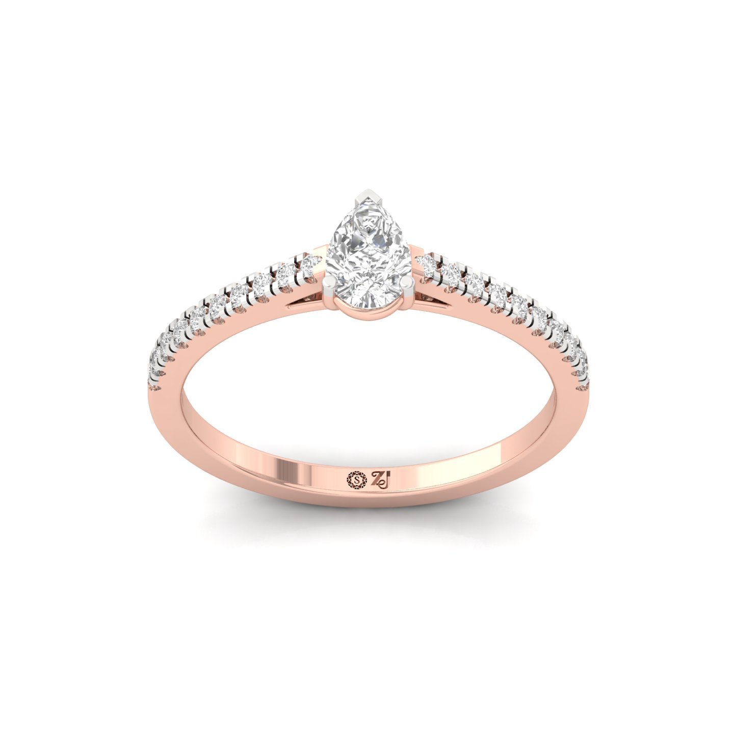 Pear Cut Diamond Solitaire Engagement Ring with Pave Band | Romantic Lab Grown CVD Diamond Ring of Love & Promise | 925 Silver | 10K | 14K | 18K - Rose Gold Main View