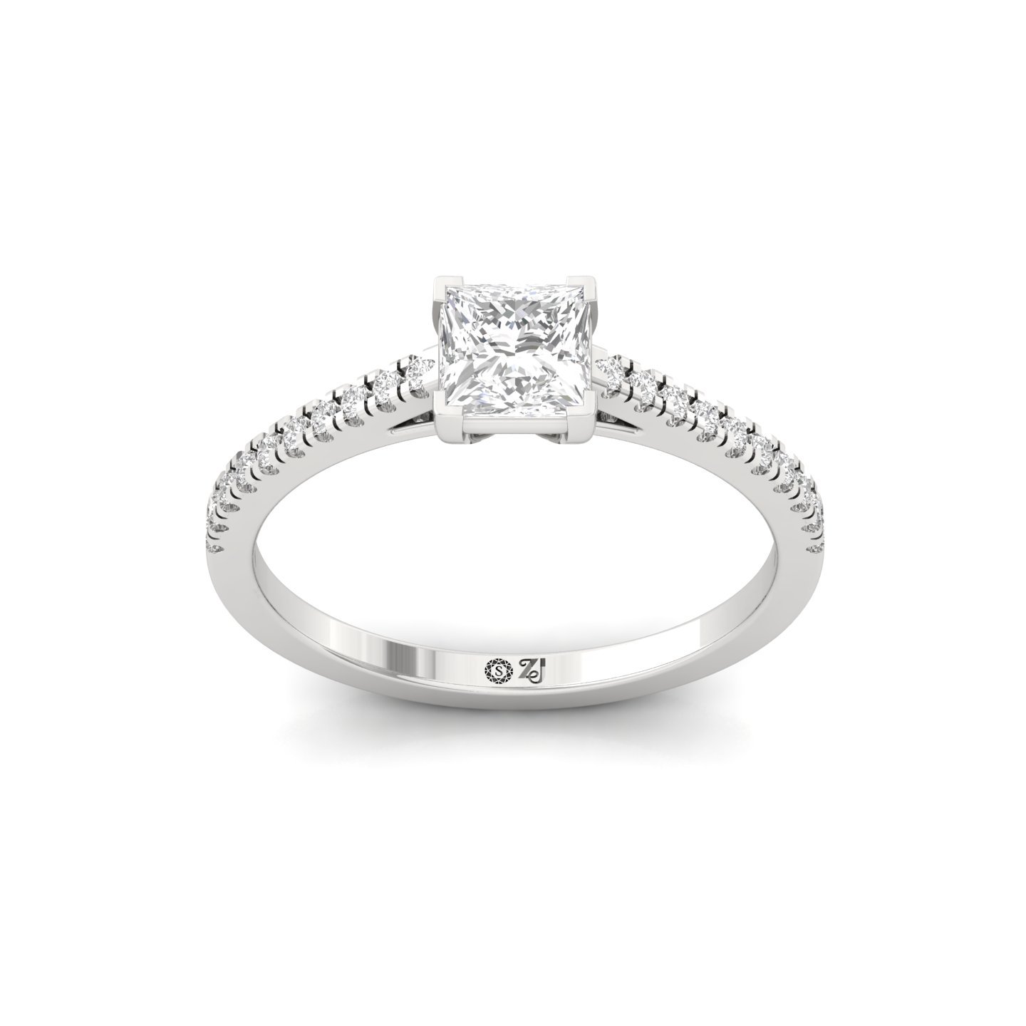 Princess Cut Diamond Solitaire Engagement Ring with Pave Band | Elegant Lab Grown CVD Diamond Ring of Love & Promise | 925 Silver | 10K | 14K | 18K - Main View