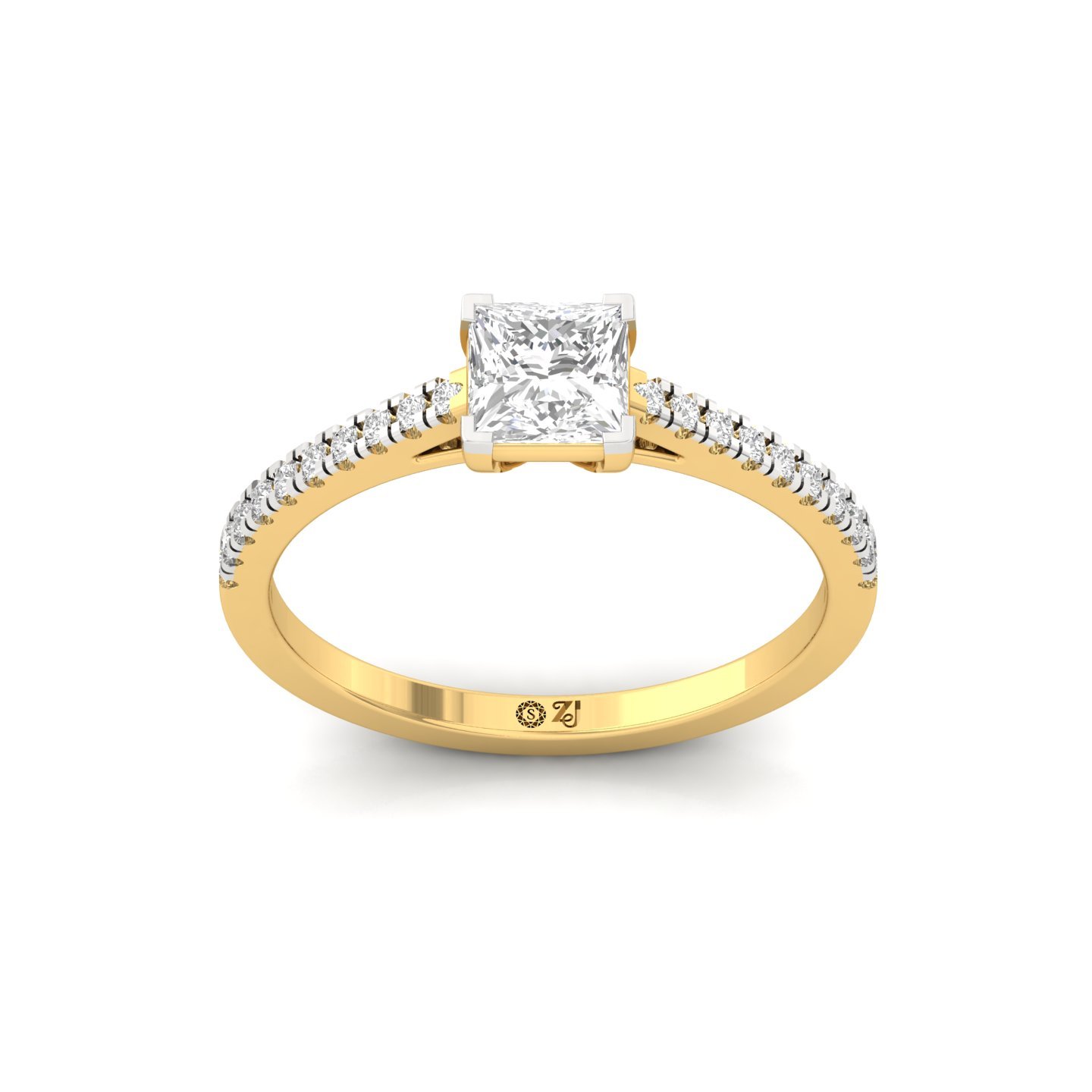 Princess Cut Diamond Solitaire Engagement Ring with Pave Band | Elegant Lab Grown CVD Diamond Ring of Love & Promise | 925 Silver | 10K | 14K | 18K - Gold Main View