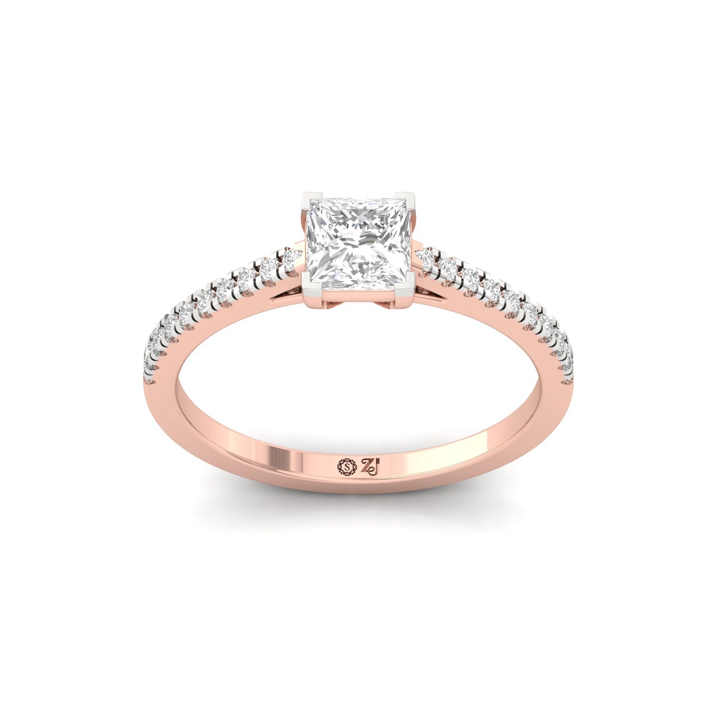 Princess Cut Diamond Solitaire Engagement Ring with Pave Band | Elegant Lab Grown CVD Diamond Ring of Love & Promise | 925 Silver | 10K | 14K | 18K - Rose Gold Main View
