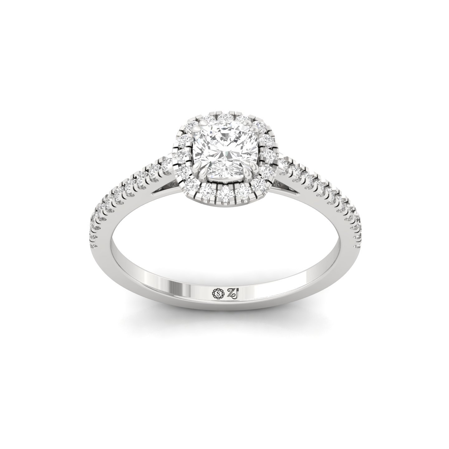 Cushion Cut Halo Diamond Engagement Ring with Pave Band | Lab Grown CVD Diamond Ring of Love & Commitment | 925 Silver | 10K | 14K | 18K - Main View