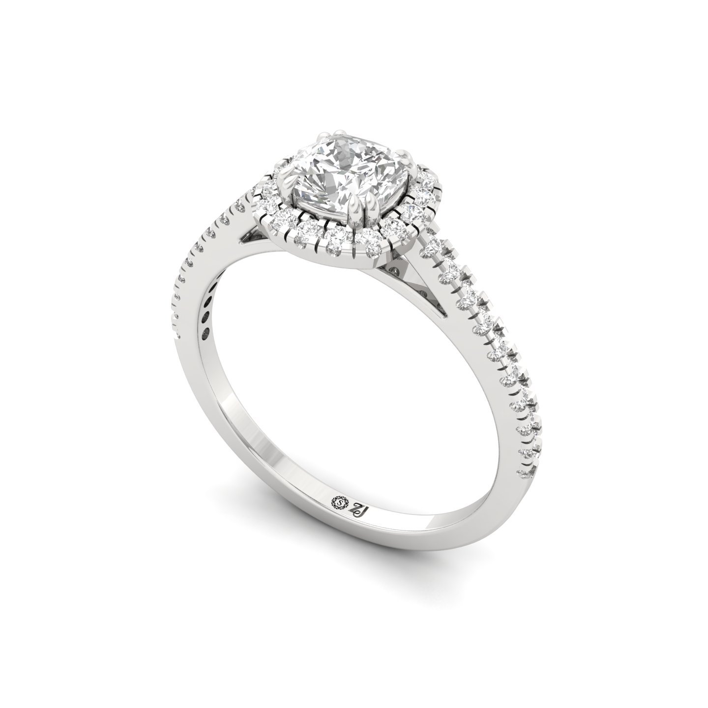 Cushion Cut Halo Diamond Engagement Ring with Pave Band | Lab Grown CVD Diamond Ring of Love & Commitment | 925 Silver | 10K | 14K | 18K - View 2