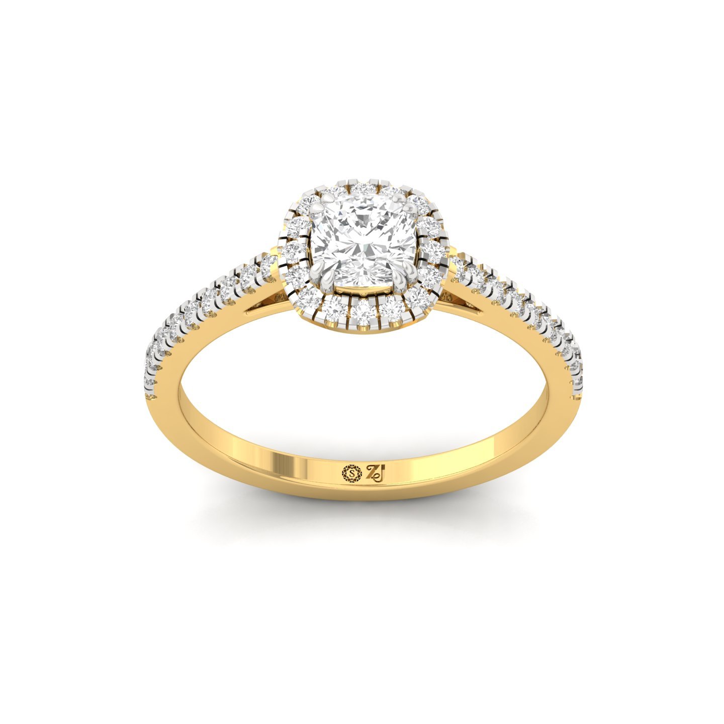 Cushion Cut Halo Diamond Engagement Ring with Pave Band | Lab Grown CVD Diamond Ring of Love & Commitment | 925 Silver | 10K | 14K | 18K - Gold Main View