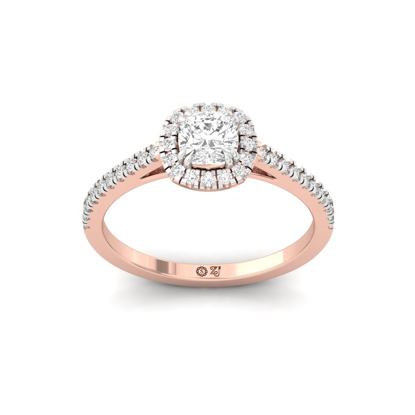 Cushion Cut Halo Diamond Engagement Ring with Pave Band | Lab Grown CVD Diamond Ring of Love & Commitment | 925 Silver | 10K | 14K | 18K - Rose Gold Main View