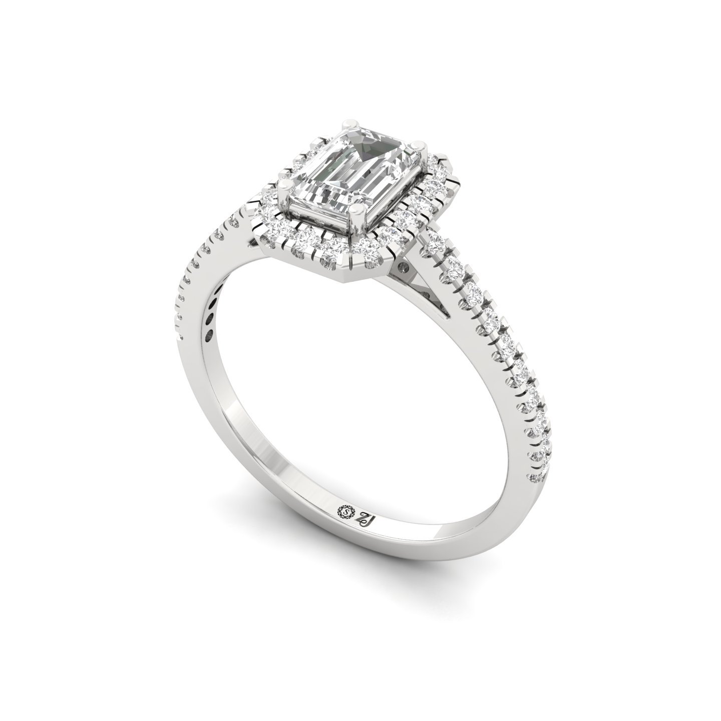 Emerald Cut Halo Diamond Engagement Ring with Pave Band | Lab Grown CVD Diamond Ring of Love & Devotion | 925 Silver | 10K | 14K | 18K - View 2