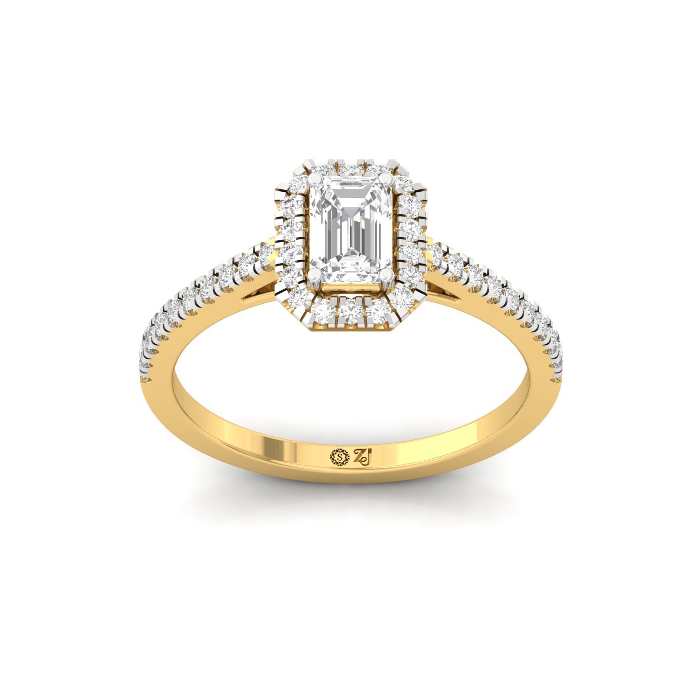 Emerald Cut Halo Diamond Engagement Ring with Pave Band | Lab Grown CVD Diamond Ring of Love & Devotion | 925 Silver | 10K | 14K | 18K - Gold Main View