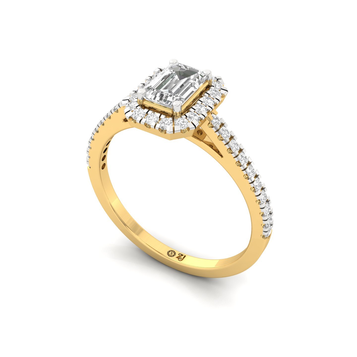 Emerald Cut Halo Diamond Engagement Ring with Pave Band | Lab Grown CVD Diamond Ring of Love & Devotion | 925 Silver | 10K | 14K | 18K - View 2