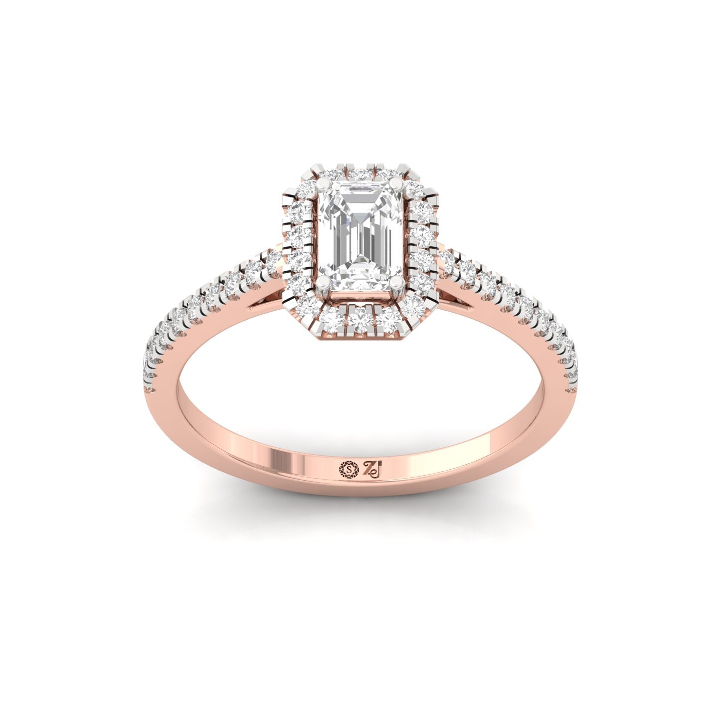 Emerald Cut Halo Diamond Engagement Ring with Pave Band | Lab Grown CVD Diamond Ring of Love & Devotion | 925 Silver | 10K | 14K | 18K - Rose Gold Main View