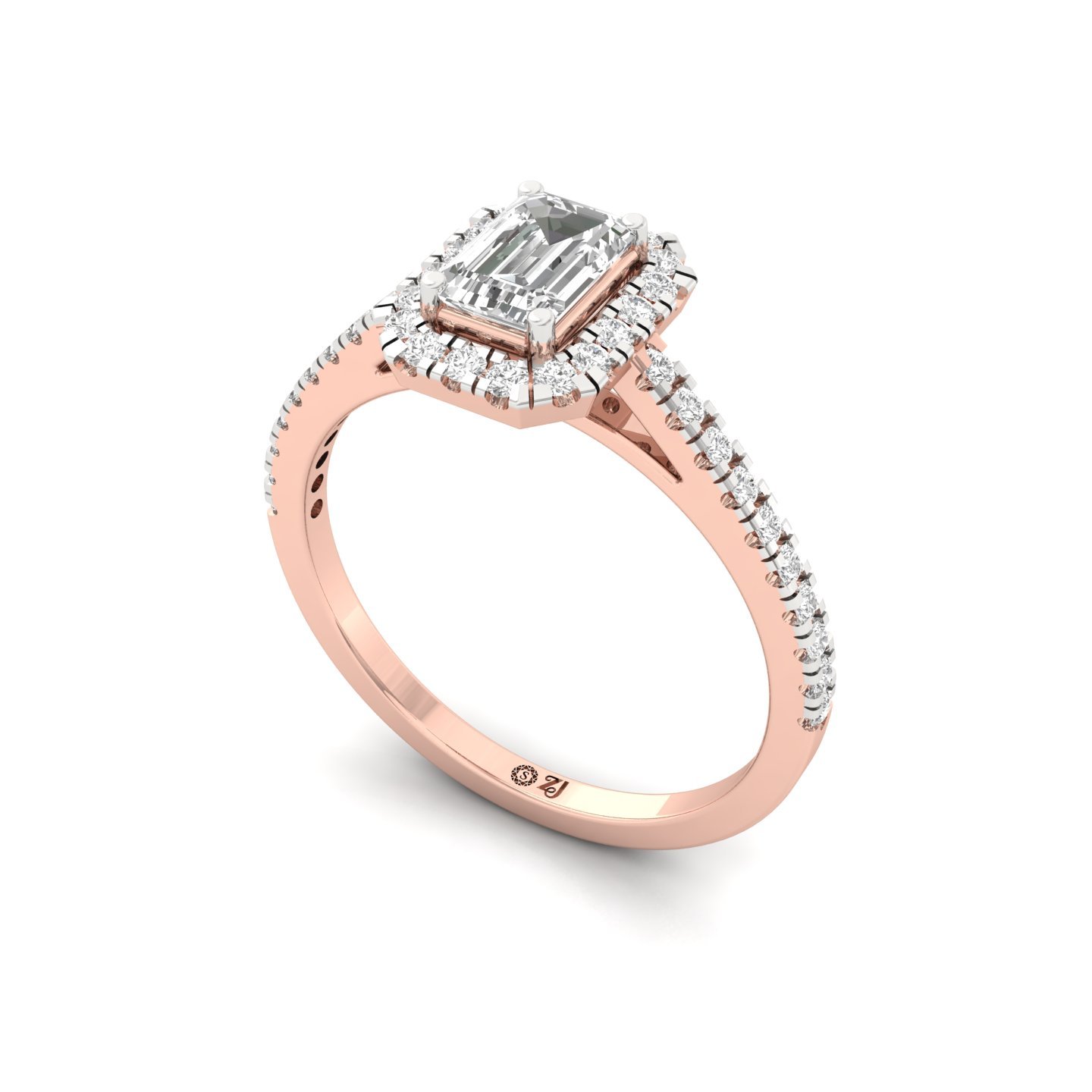 Emerald Cut Halo Diamond Engagement Ring with Pave Band | Lab Grown CVD Diamond Ring of Love & Devotion | 925 Silver | 10K | 14K | 18K - View 2