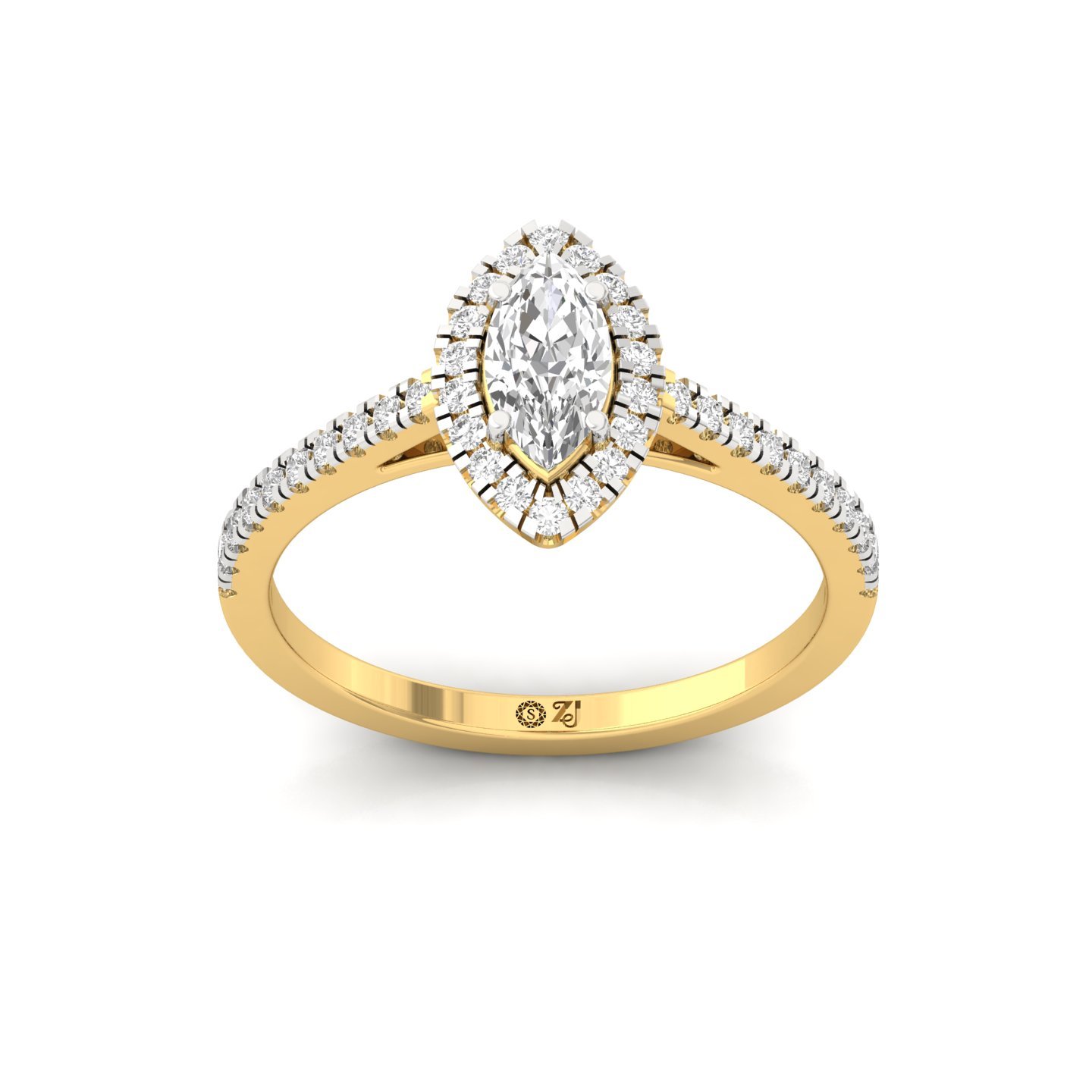Marquise Halo Diamond Engagement Ring with Pave Band | Lab Grown CVD Diamond Ring | 925 Silver | 10K | 14K | 18K - Gold Main View