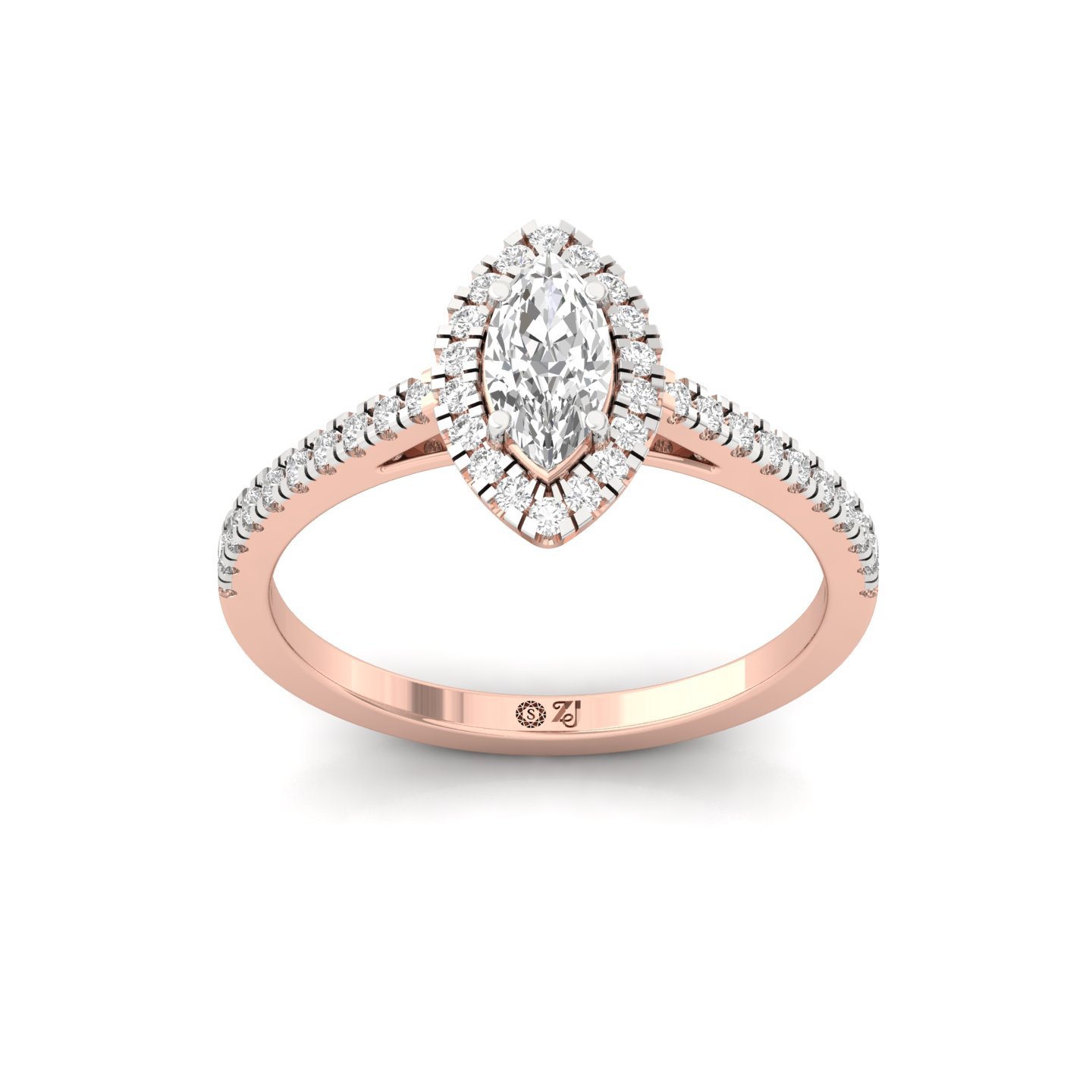 Marquise Halo Diamond Engagement Ring with Pave Band | Lab Grown CVD Diamond Ring | 925 Silver | 10K | 14K | 18K - Rose Gold Main View