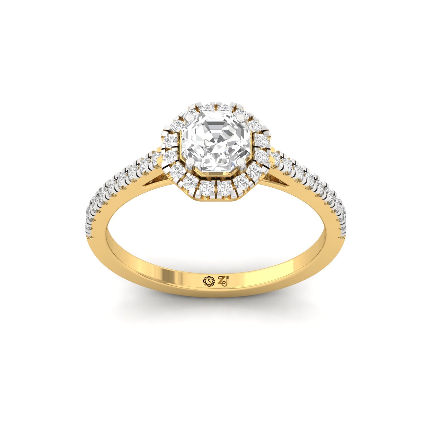 Octagon Halo Diamond Engagement Ring with Pave Band | Lab Grown CVD Diamond | 925 Silver | 10K | 14K | 18K - Gold Main View