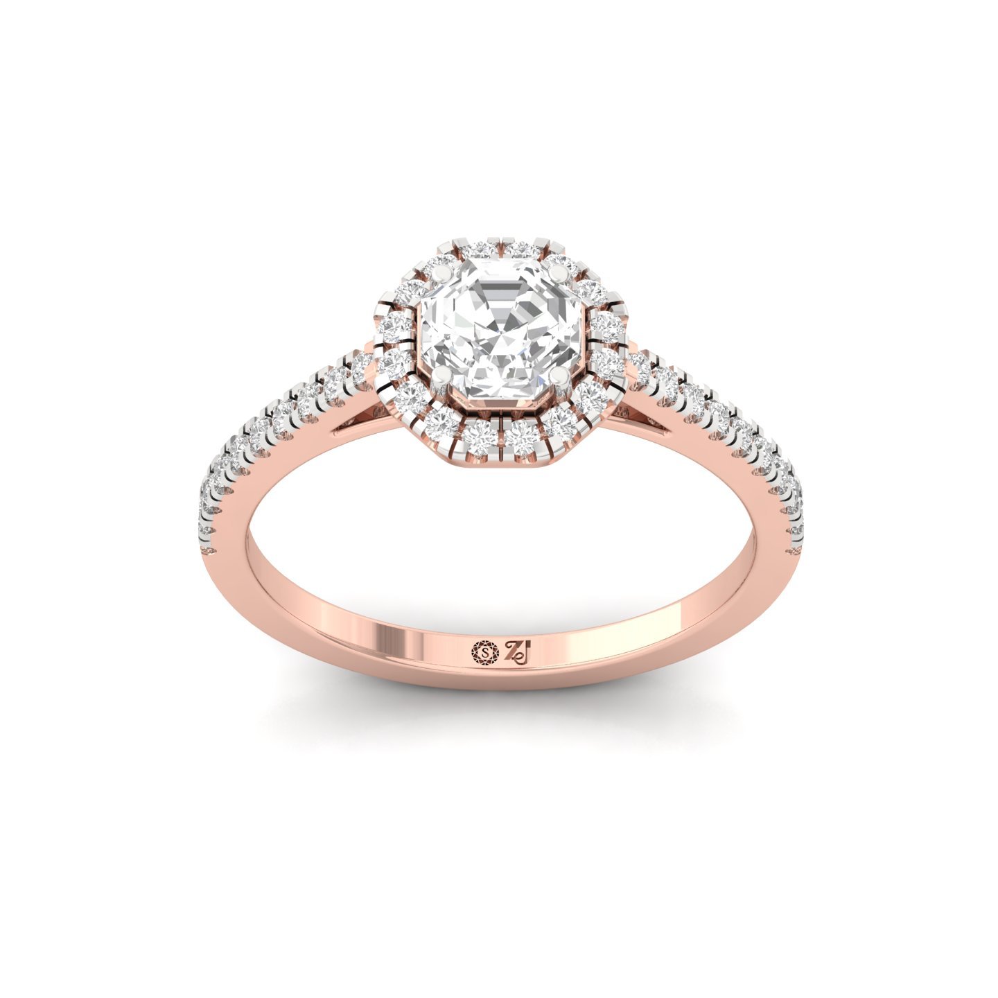 Octagon Halo Diamond Engagement Ring with Pave Band | Lab Grown CVD Diamond | 925 Silver | 10K | 14K | 18K - Rose Gold Main View