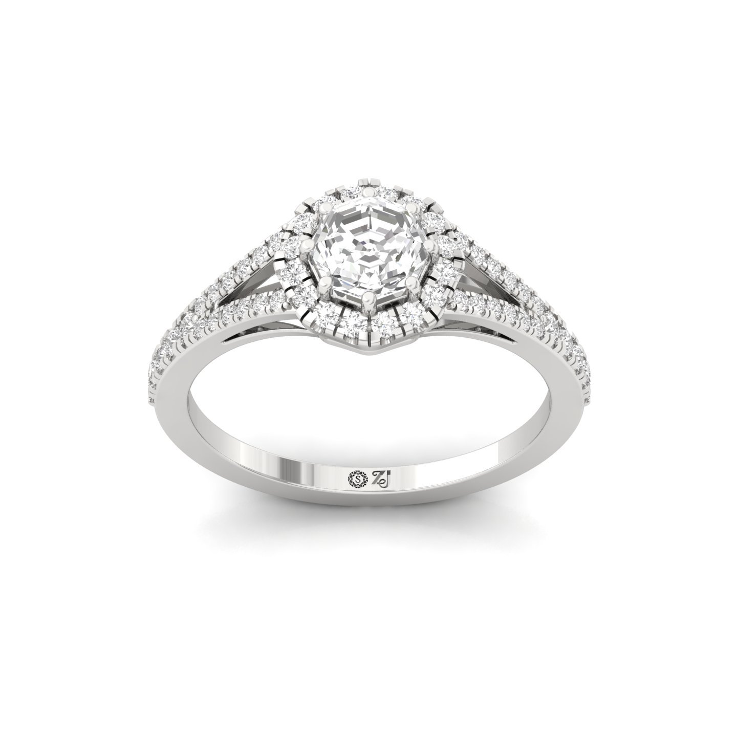 Octagon Halo Split Shank Diamond Engagement Ring | Lab Grown CVD Diamond | Vintage-Inspired Bridal Ring | 925 Silver | 10K | 14K | 18K - Main View