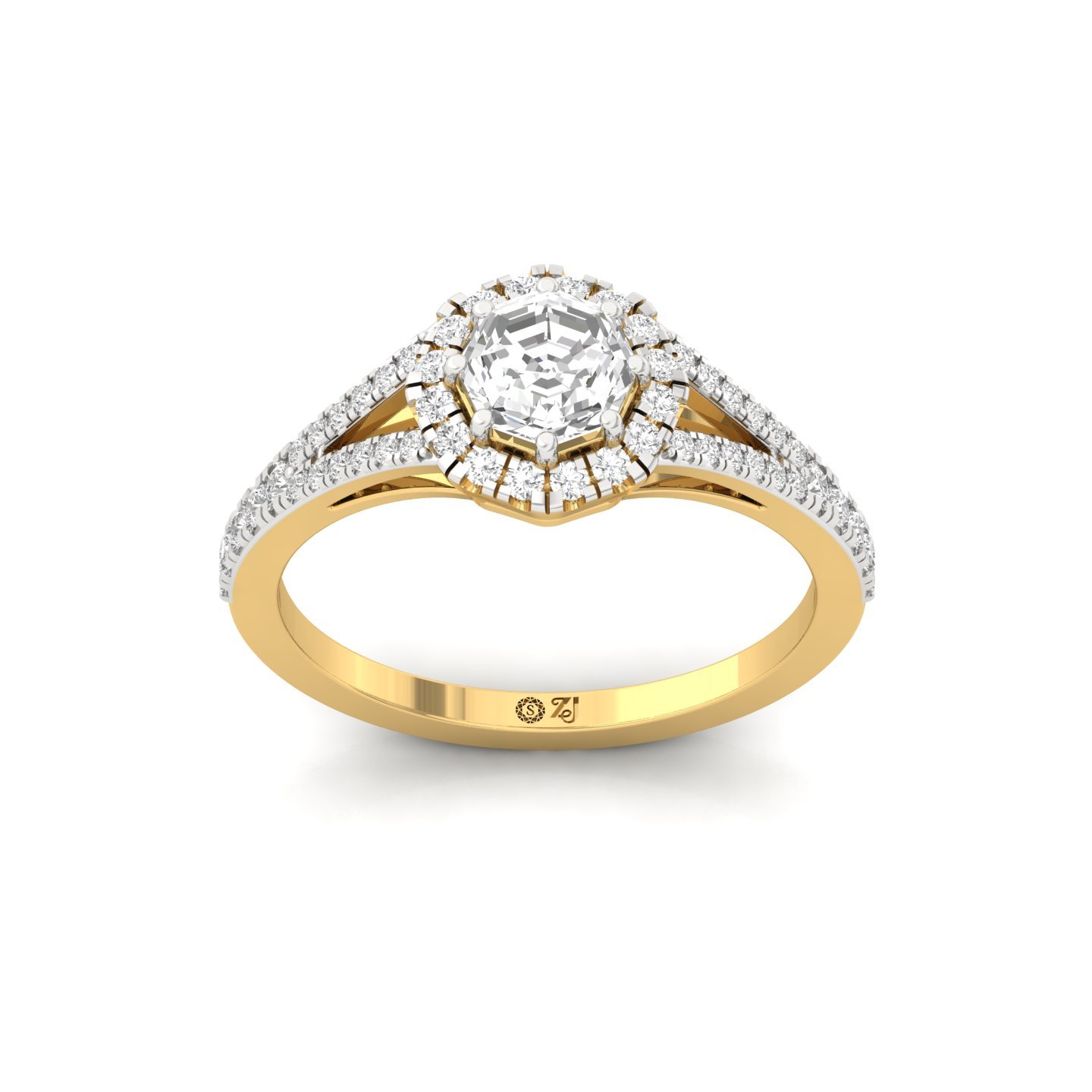 Octagon Halo Split Shank Diamond Engagement Ring | Lab Grown CVD Diamond | Vintage-Inspired Bridal Ring | 925 Silver | 10K | 14K | 18K - Gold Main View