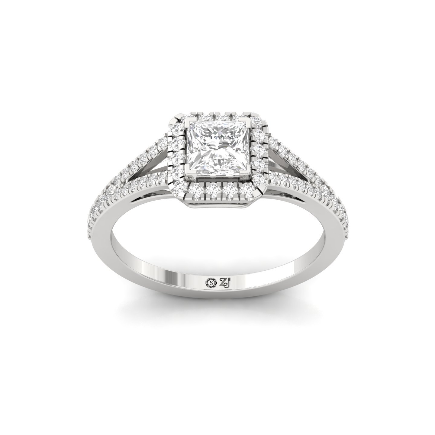Princess Double Halo Split Shank Diamond Engagement Ring | Lab Grown CVD Diamond | Bridal Ring | Silver | 10K | 14K | 18K - Main View