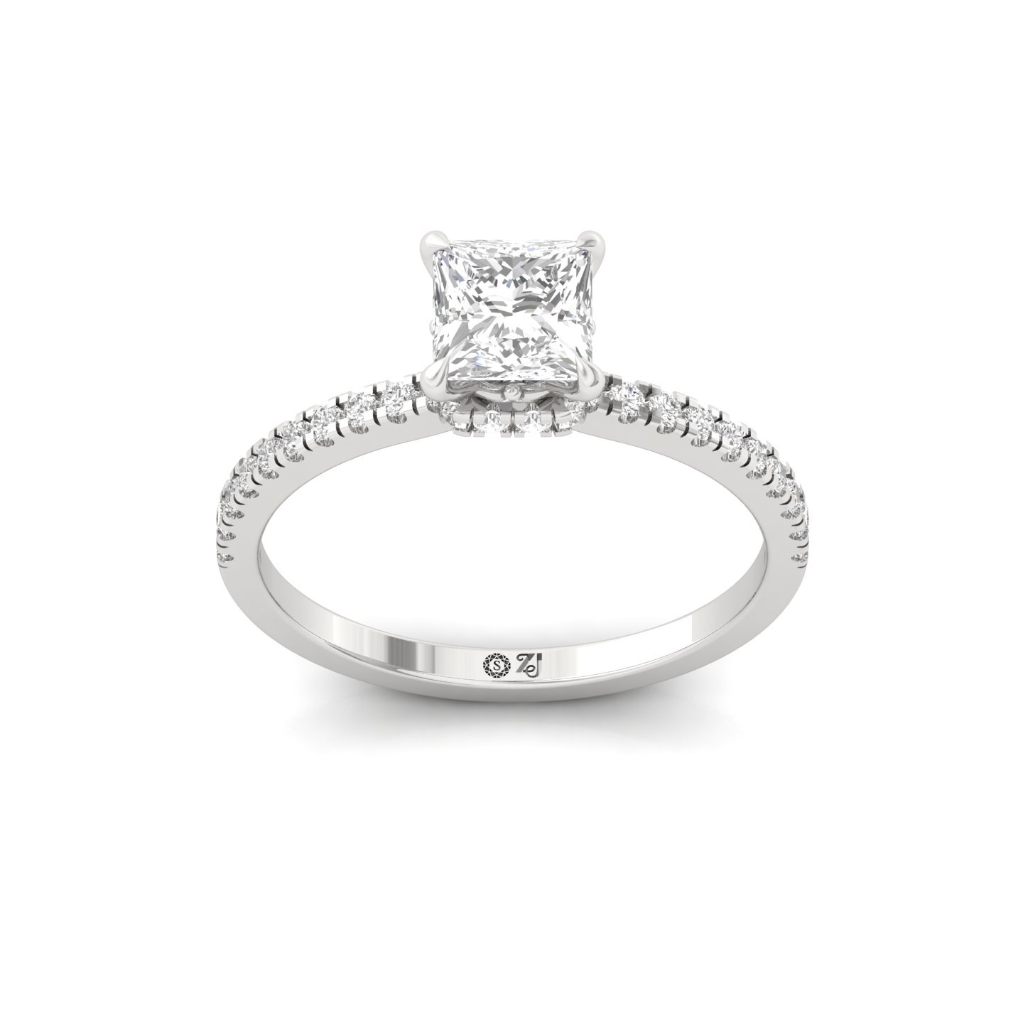 Princess Cut Solitaire Engagement Ring with Side Diamonds | Lab Grown CVD Diamond | Elegant Classic Design | Silver | 10K | 14K | 18K - Main View
