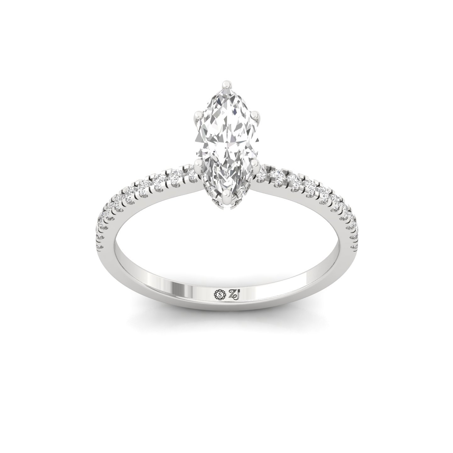 Marquise Cut Solitaire Engagement Ring with Side Diamonds | Lab Grown CVD Diamond | Silver | 10K | 14K | 18K - Main View