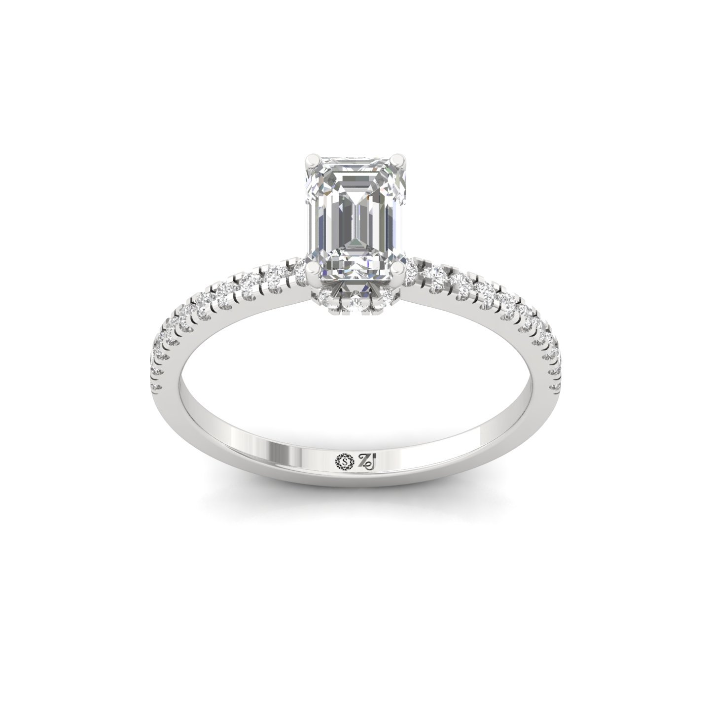 Emerald Cut Solitaire Engagement Ring with Side Diamonds | Lab Grown CVD Diamond | Silver | 10K | 14K | 18K - Main View