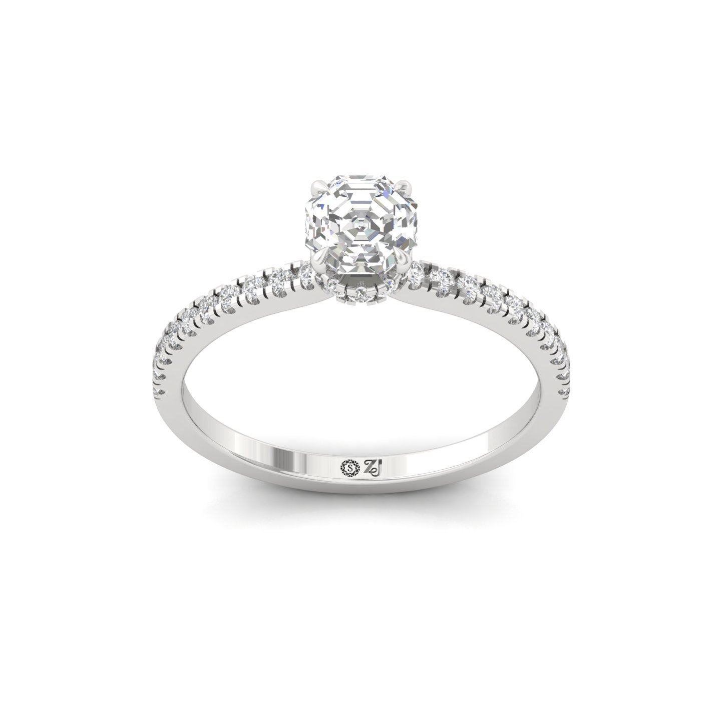 Octagon Cut Solitaire Engagement Ring with Side Diamonds | Lab Grown CVD Diamond | Silver | 10K | 14K | 18K - Main View