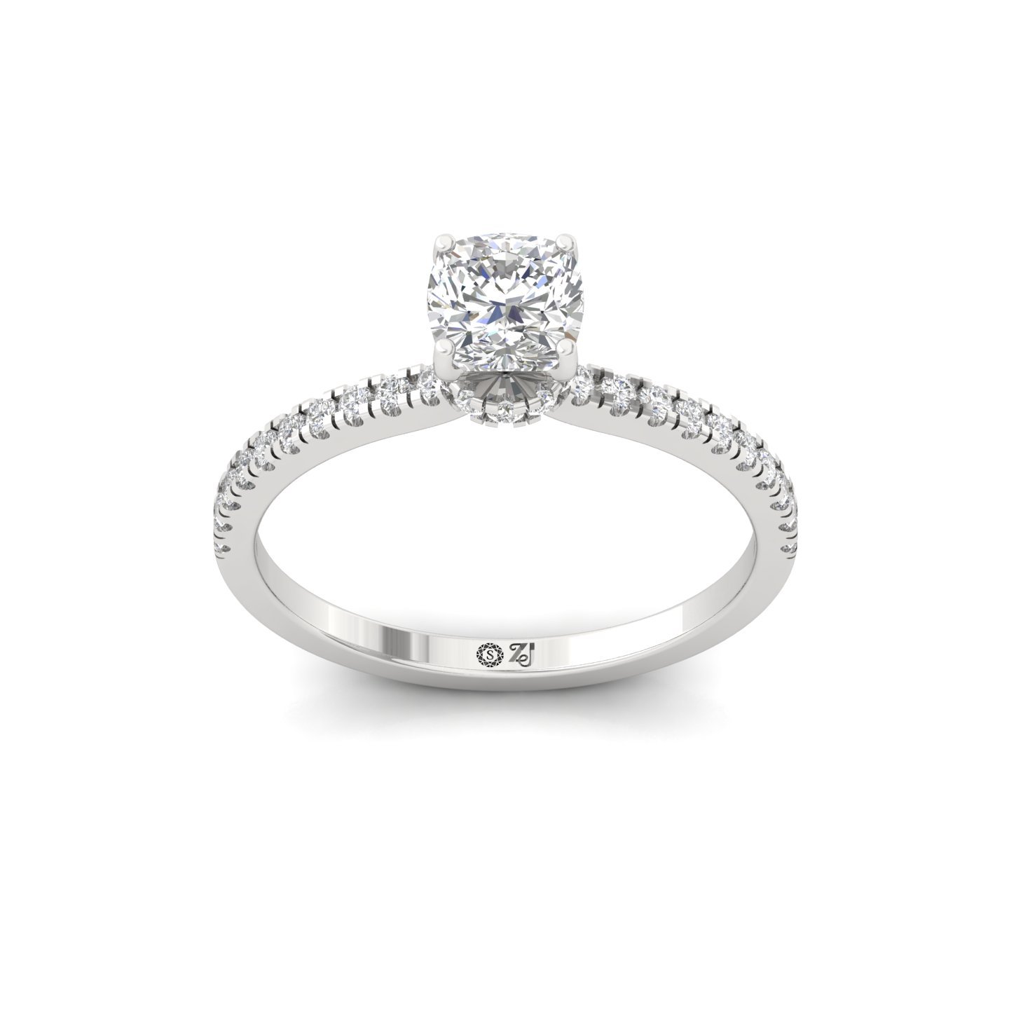 Cushion Cut Solitaire Engagement Ring with Diamond Accents | Lab Grown CVD Diamond | Silver | 10K | 14K | 18K - Main View