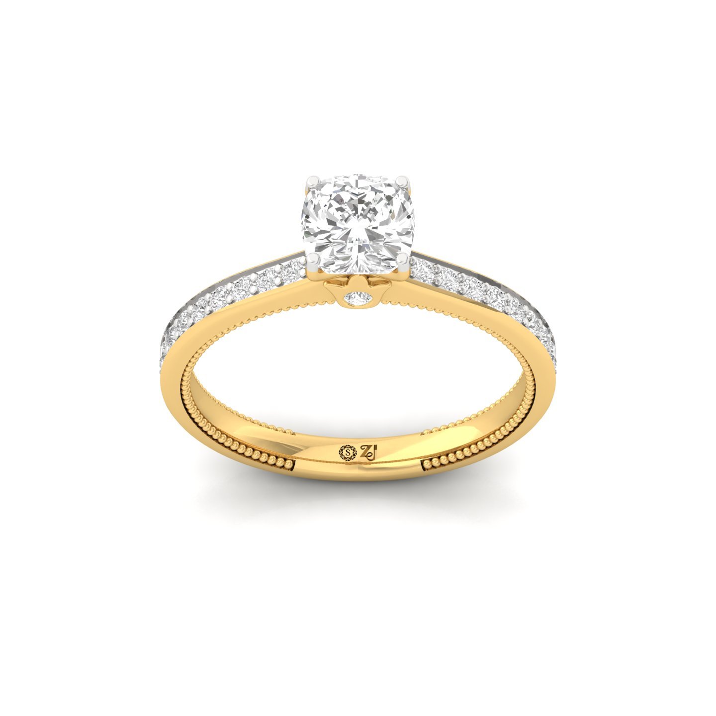 Cushion Cut Solitaire Engagement Ring with Diamond Accents | Lab Grown CVD Diamond | Silver | 10K | 14K | 18K Gold - Gold Main View