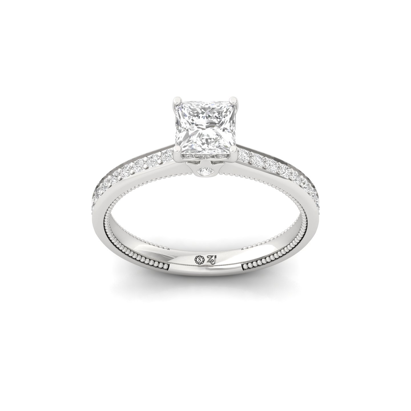 Princess Cut Solitaire Engagement Ring with Diamond Band | Lab Grown CVD Diamond | Silver | 10K | 14K | 18K - Main View