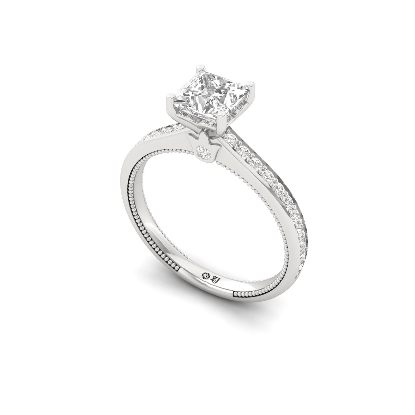 Princess Cut Solitaire Engagement Ring with Diamond Band | Lab Grown CVD Diamond | Silver | 10K | 14K | 18K - View 2