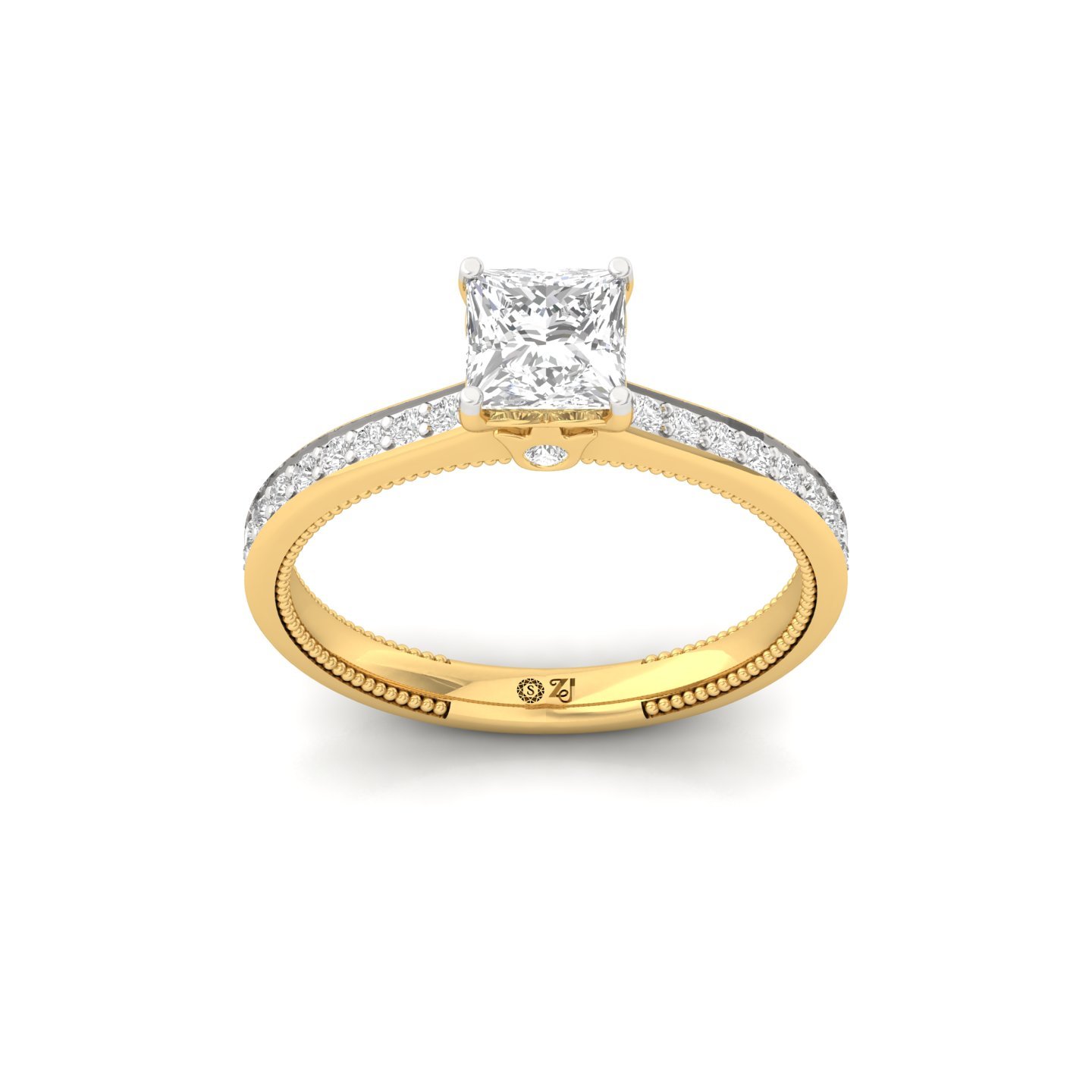 Princess Cut Solitaire Engagement Ring with Diamond Band | Lab Grown CVD Diamond | Silver | 10K | 14K | 18K - Gold Main View