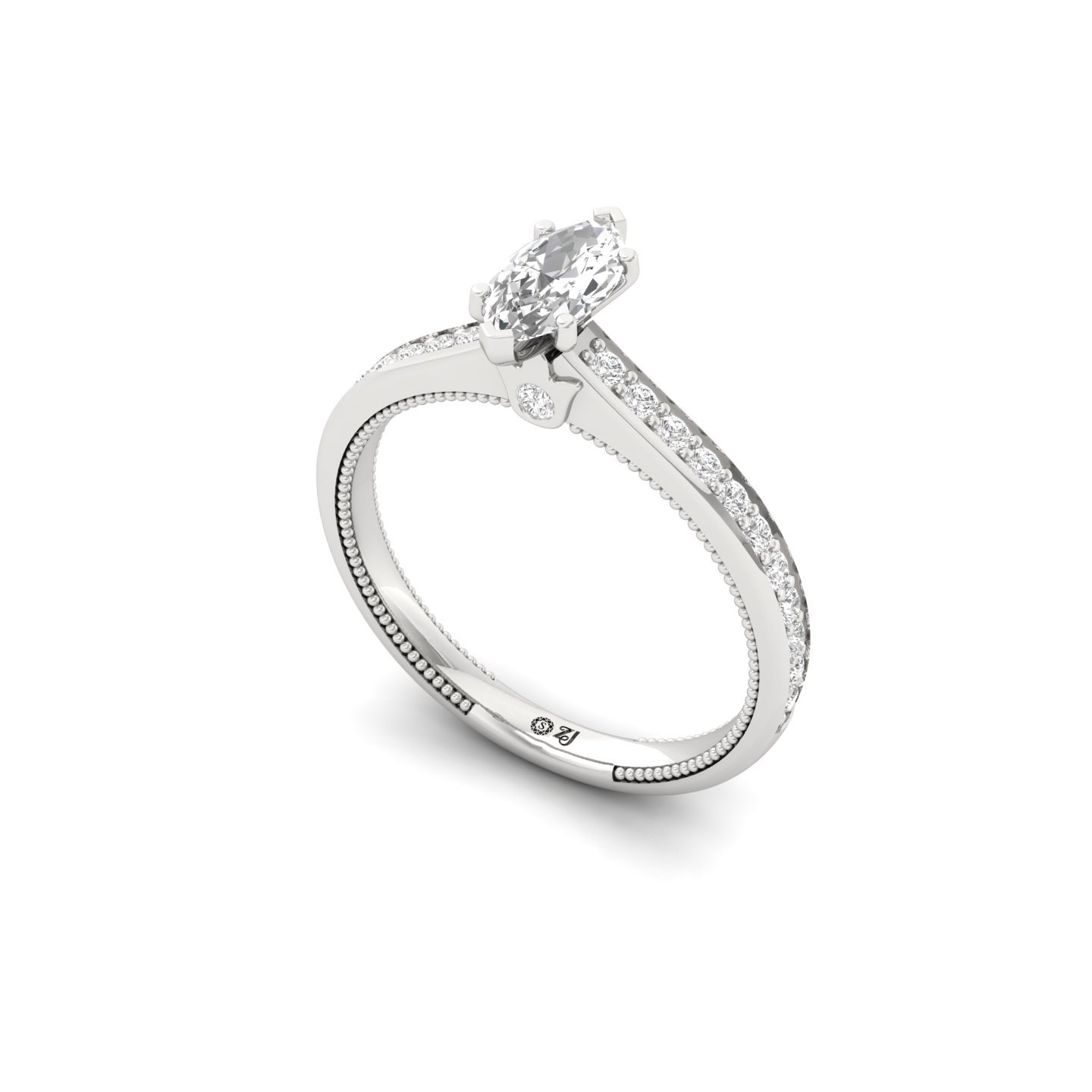 Marquise Cut Solitaire Engagement Ring with Diamond Band | Lab Grown CVD Diamond | Silver | 10K | 14K | 18K - View 2