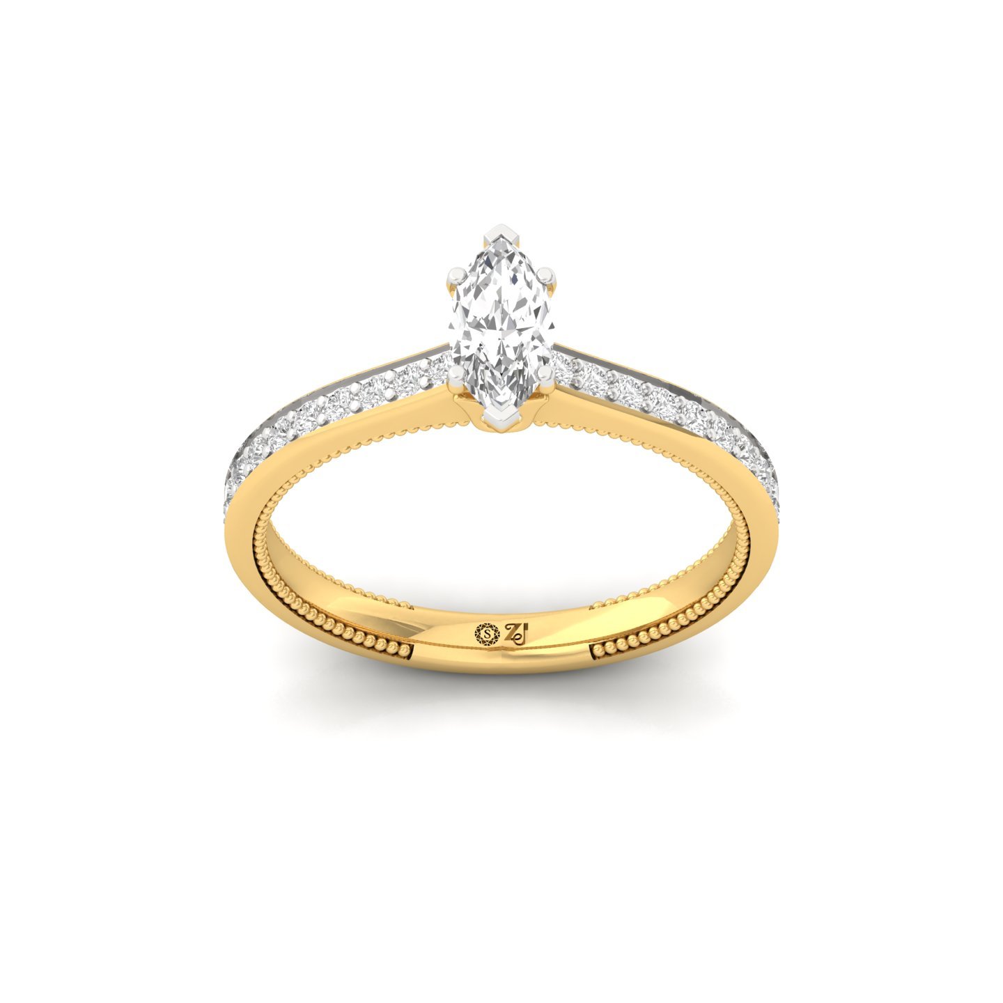 Marquise Cut Solitaire Engagement Ring with Diamond Band | Lab Grown CVD Diamond | Silver | 10K | 14K | 18K - Gold Main View